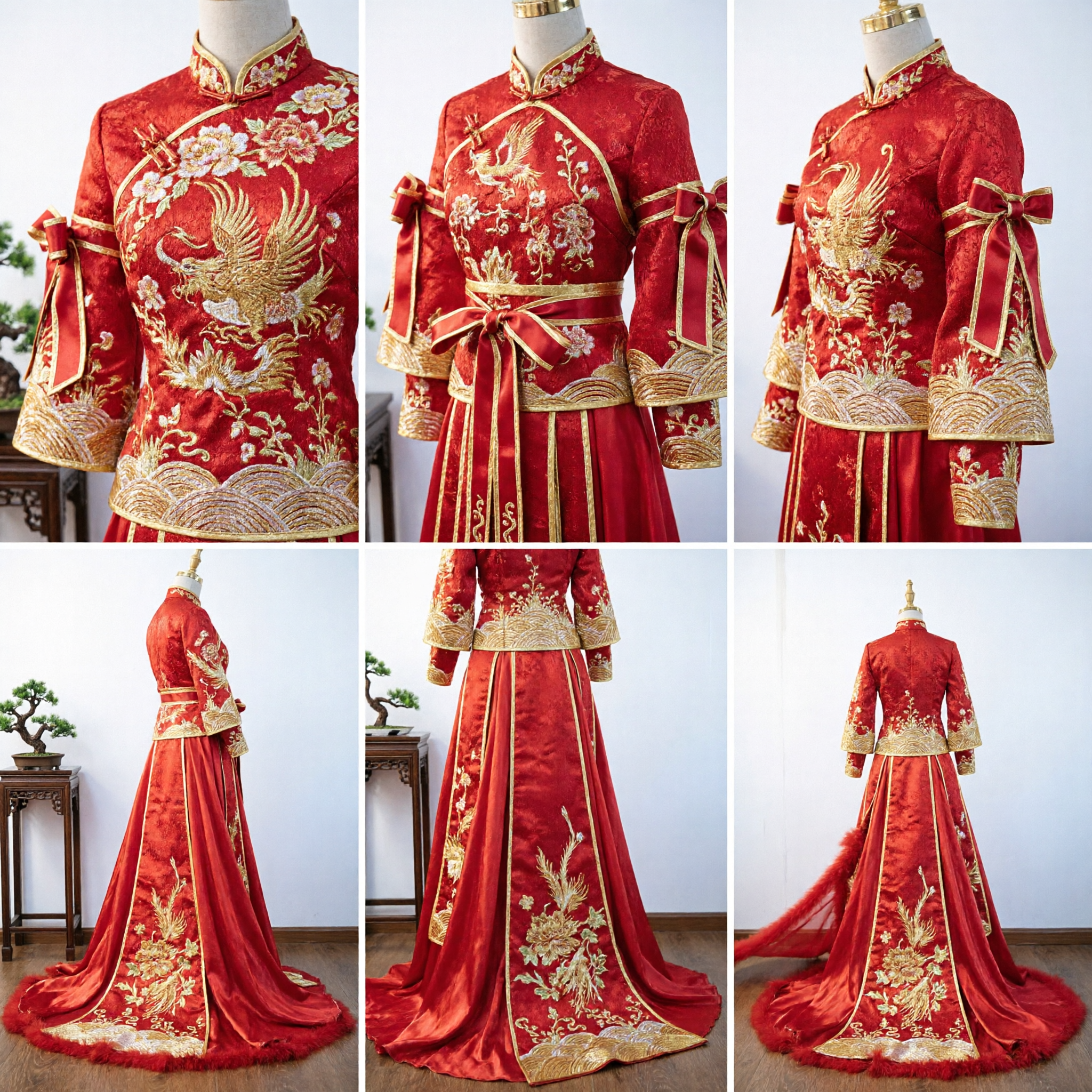 伝統的中国赤いウェディングドレス 漢服古代衣装 刺繍ゴウン ロングトレイン付き 女性用 - Asian Costume