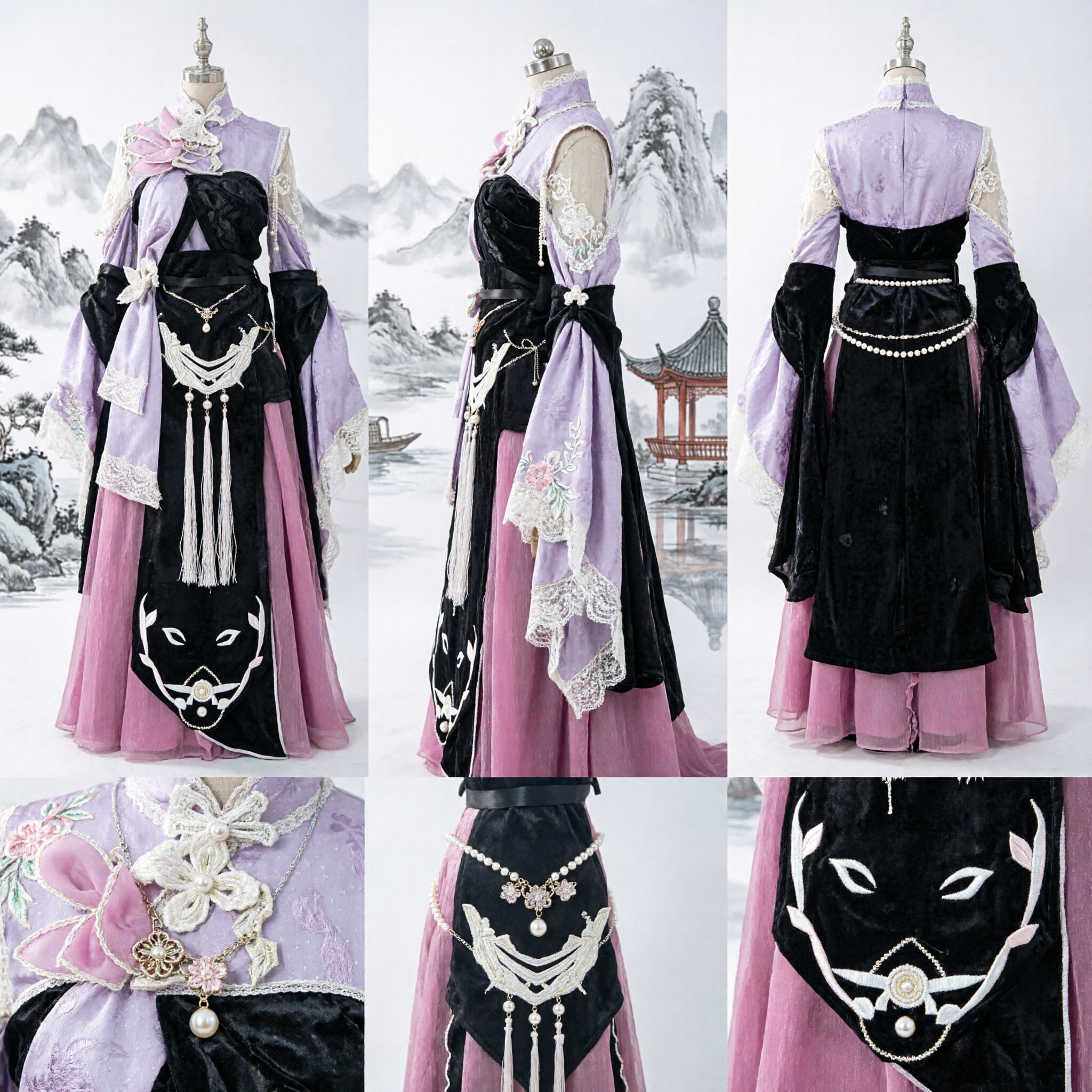Costume Hanfu chinois ancien violet et noir, robe de fée traditionnelle à manches larges pour cosplay femme - Asian Costume