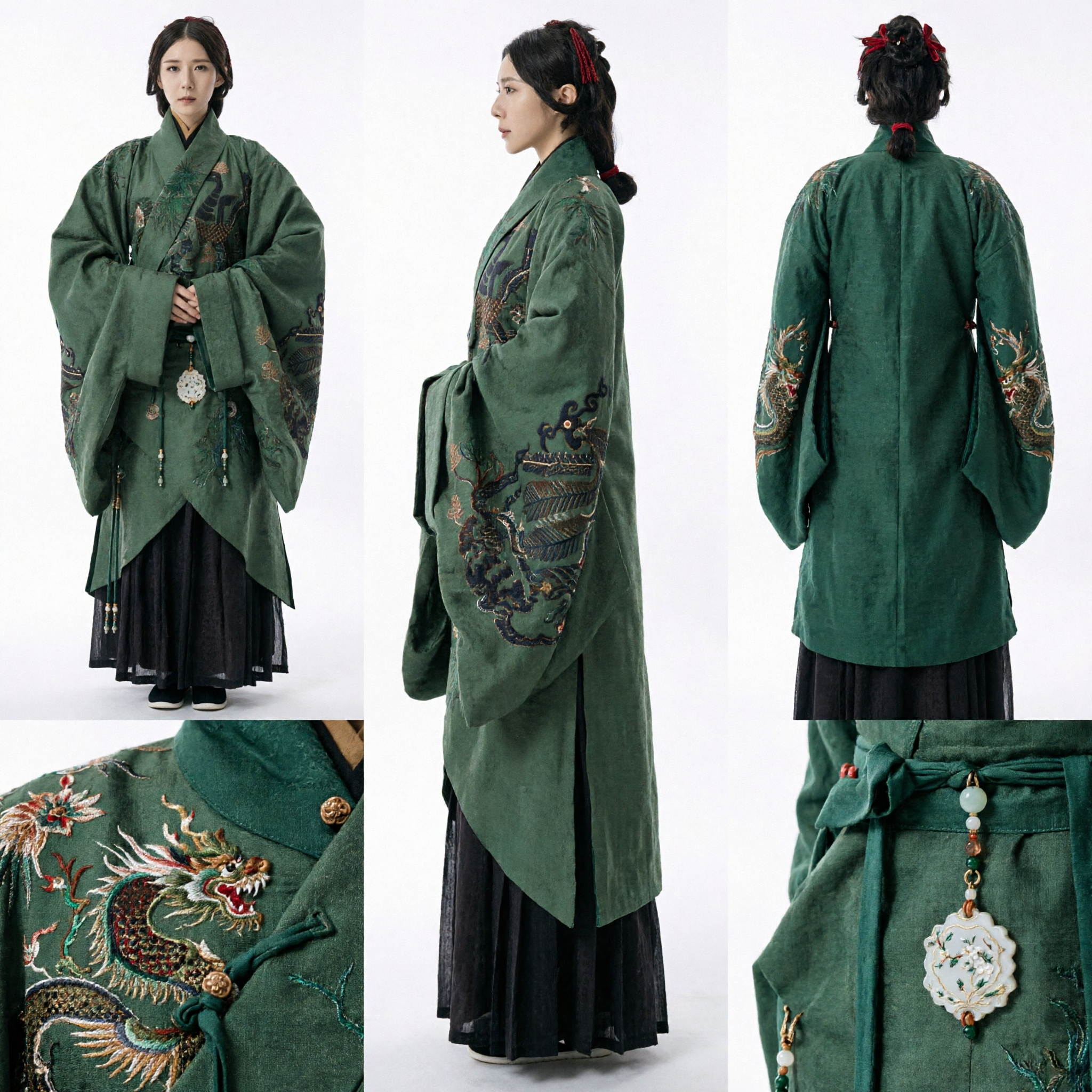 Costume Hanfu traditionnel chinois de noble femme ancienne Robe à manches larges brodée vert foncé pour femmes - Asian Costume