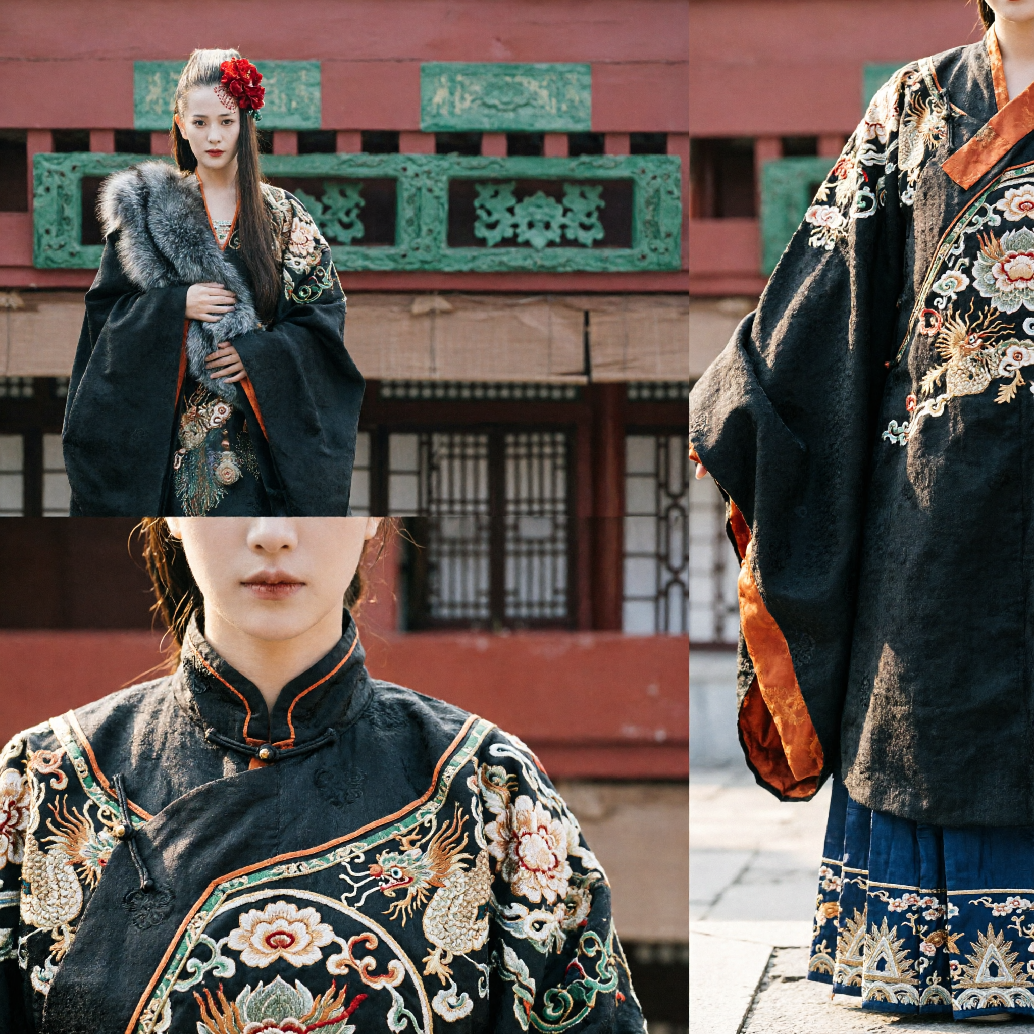古代中国女王漢服衣装 黒毛皮襟刺繍ローブ 女性用歴史ドラマコスプレ - Asian Costume