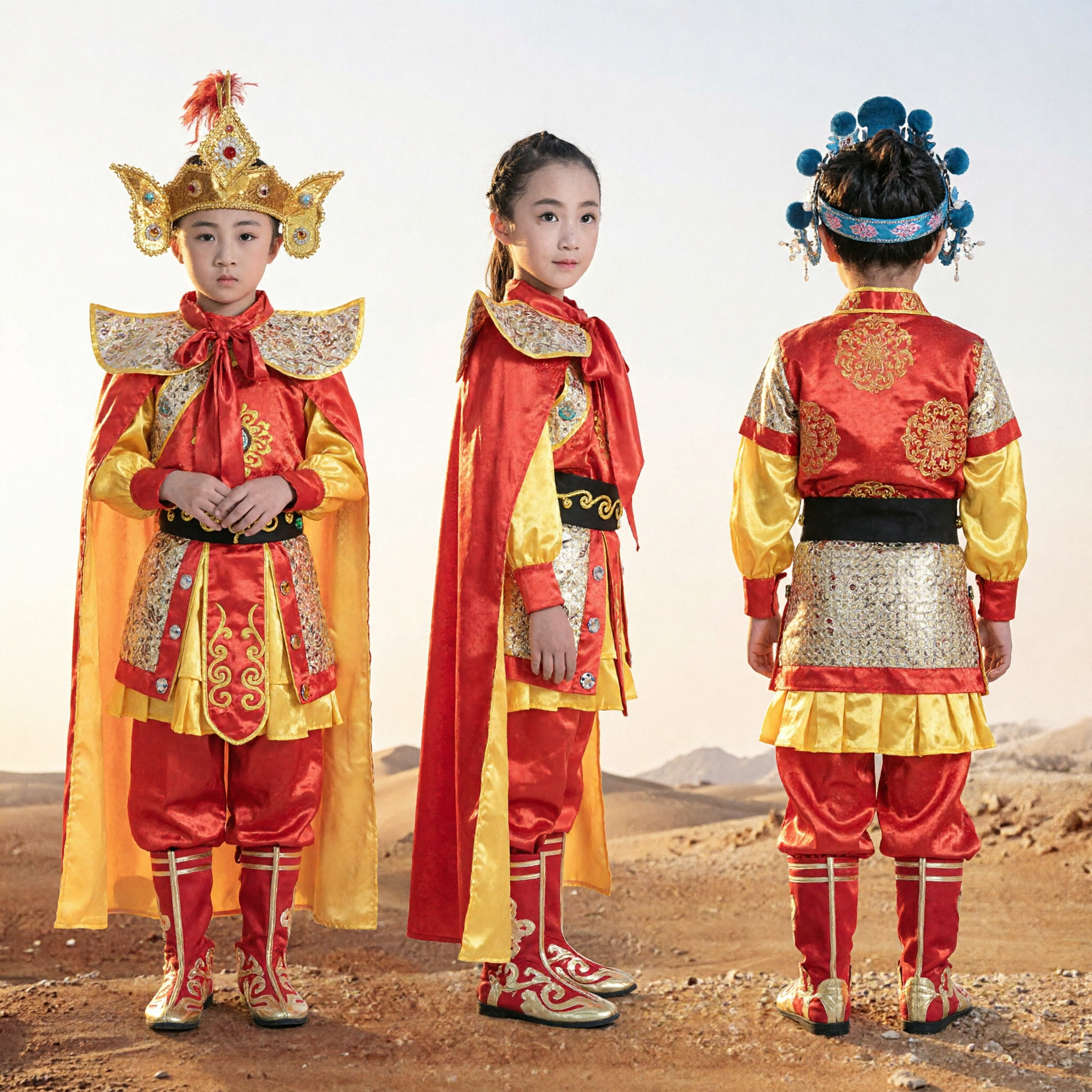 Traje de General de Ópera Tradicional China para Niños Conjunto para Presentaciones en Escenario de Guerrero con Capa Roja y Penacho de Faisán - Asian Costume