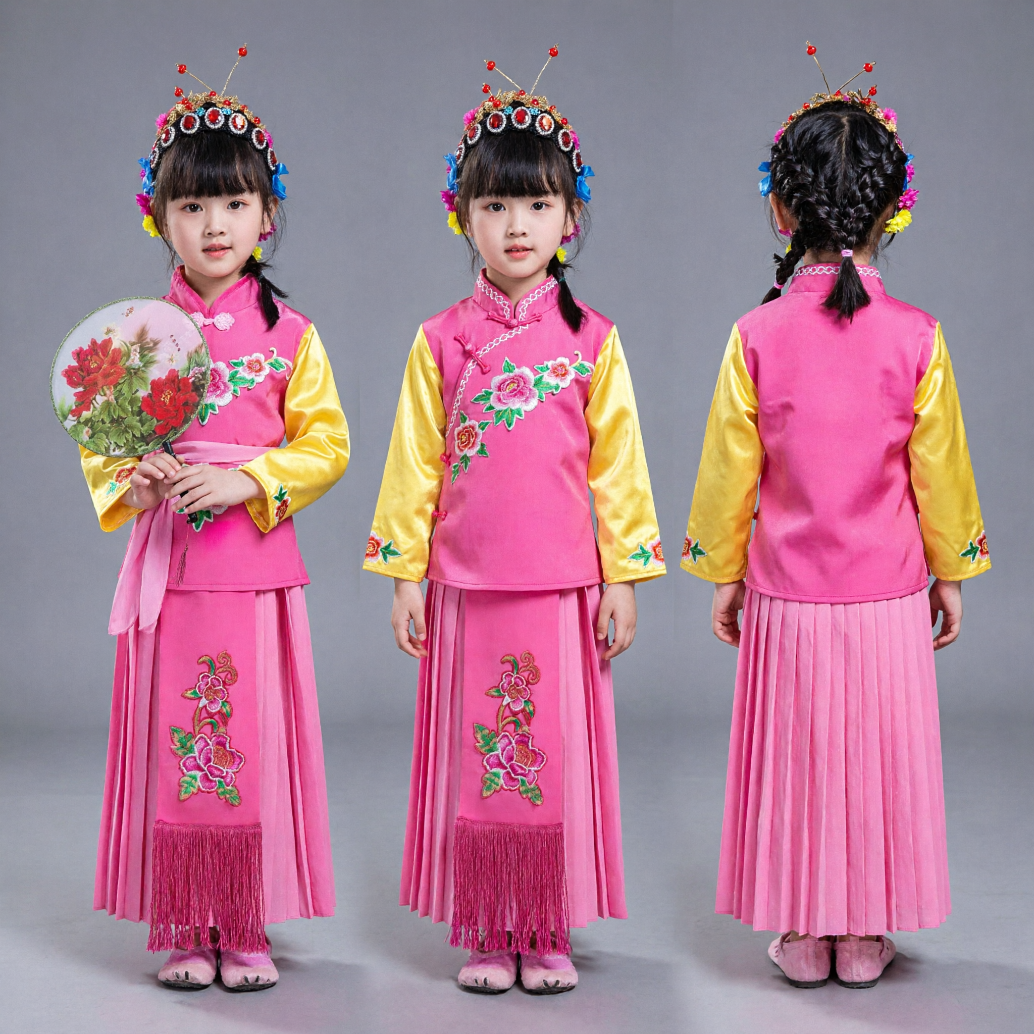 Costume d'Opéra traditionnel chinois pour enfants Robe Hanfu brodée rose avec coiffe pour filles Performance de danse - Asian Costume