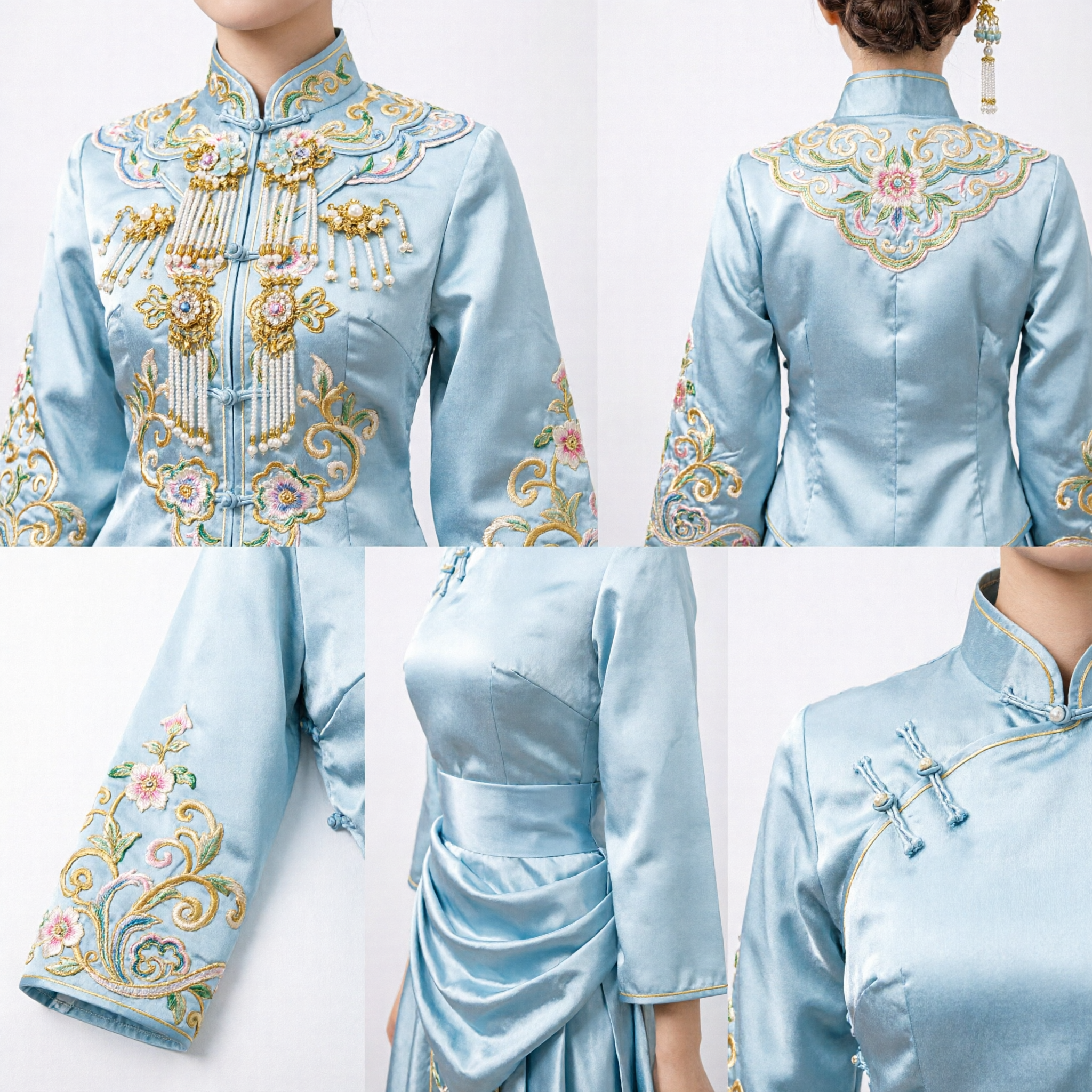 精巧な中国伝統漢服ヘアアクセサリーセット 金銀細工 青い花の簪 結婚式 花嫁用 - Asian Costume