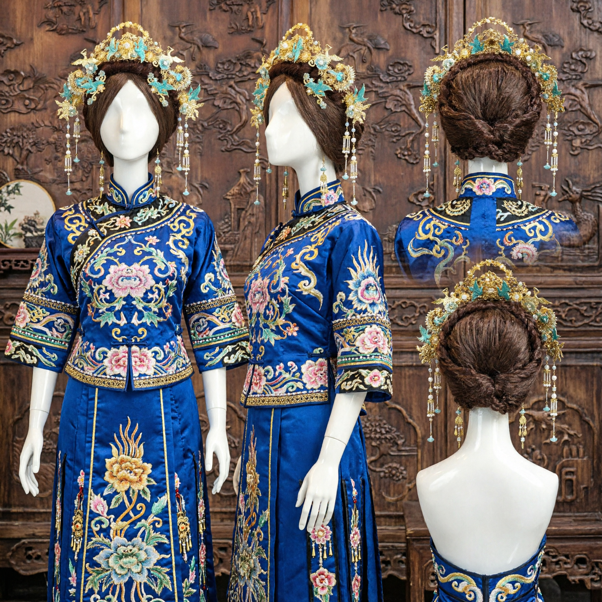 Traditionelle chinesische Phönixkrone Haaraccessoires Antikes Hanfu-Hochzeits-Brautkopfschmuck Gold Türkis Haarnadel-Ornamente - Asian Costume