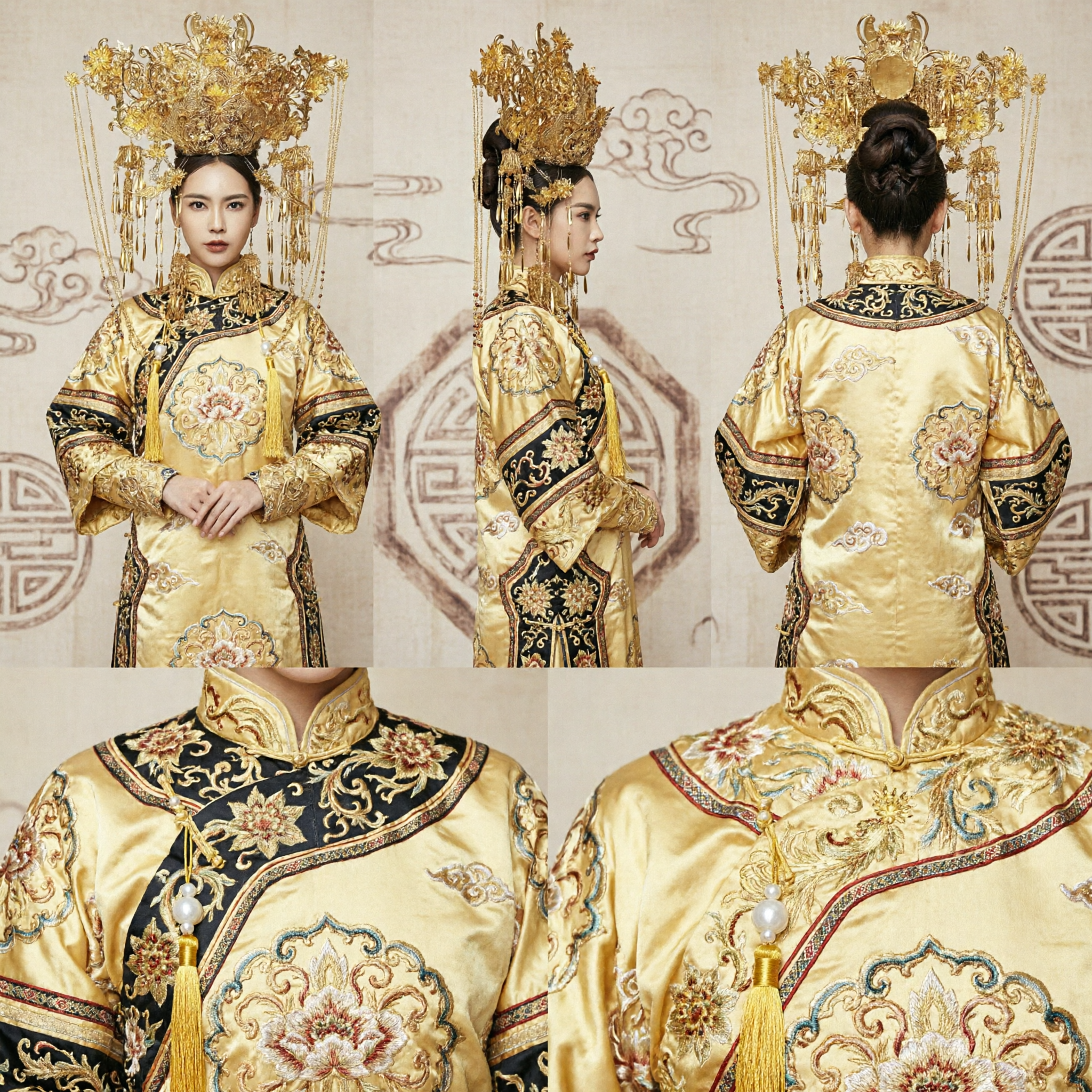 Corona Fénix Nupcial Tradicional China, Diadema Dorada para Novia, Juego de Accesorios para el Cabello de la Emperatriz Imperial Antigua - Asian Costume