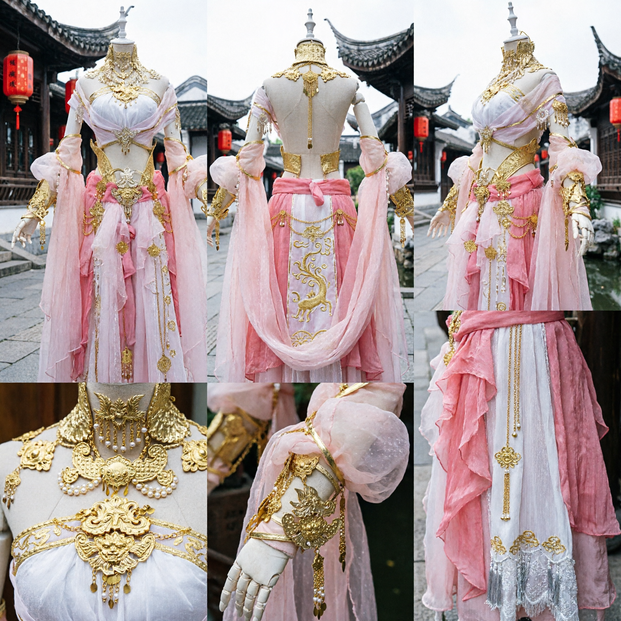 전통 중국 분홍색 요정 여신 의상 고대 한푸 드레스 금 자수 무용 공연용 - Asian Costume