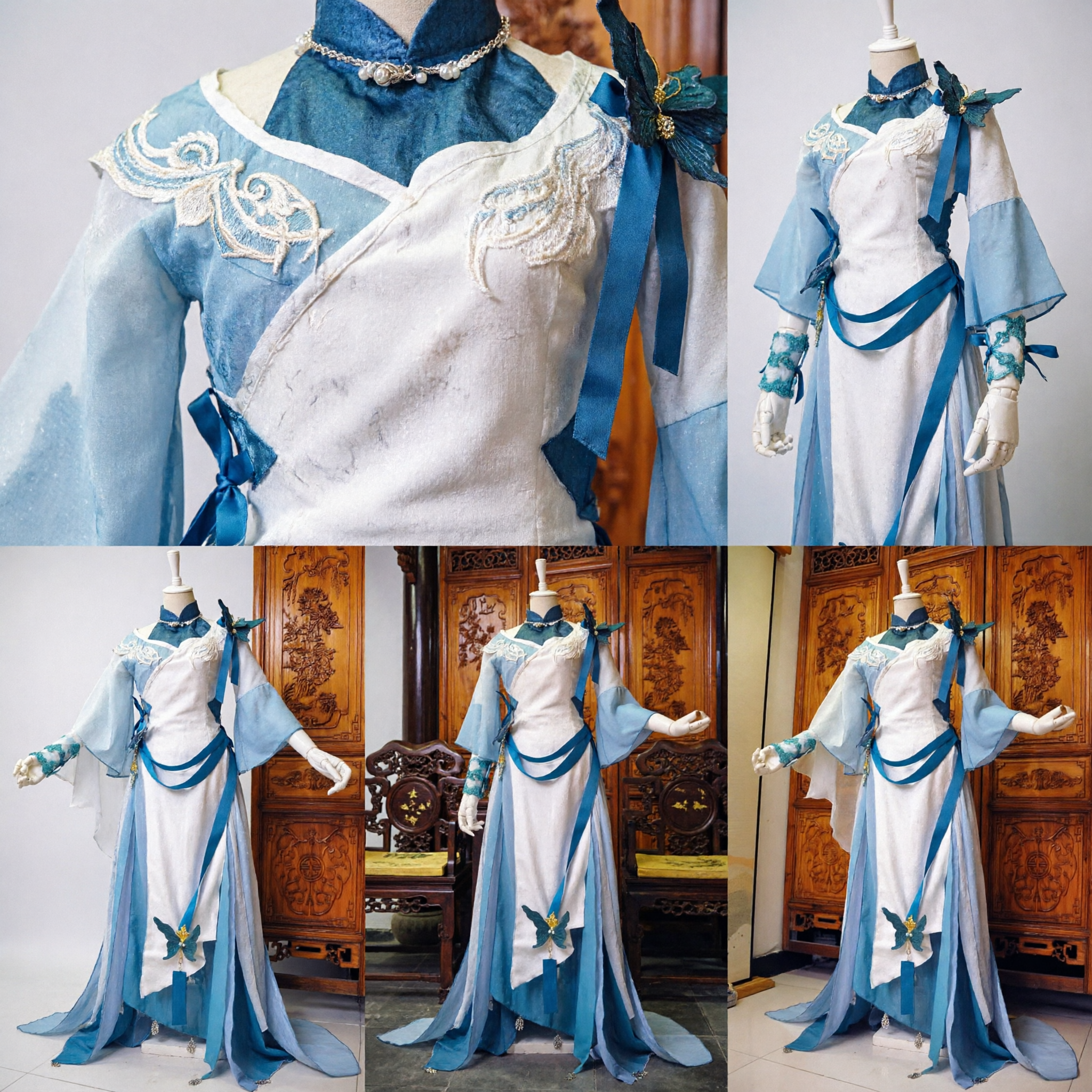 Chinese Oude Fee Hanfu Kostuum Blauw Wit Geborduurde Jurk voor Vrouwen Cosplay Podiumoptreden - Asian Costume