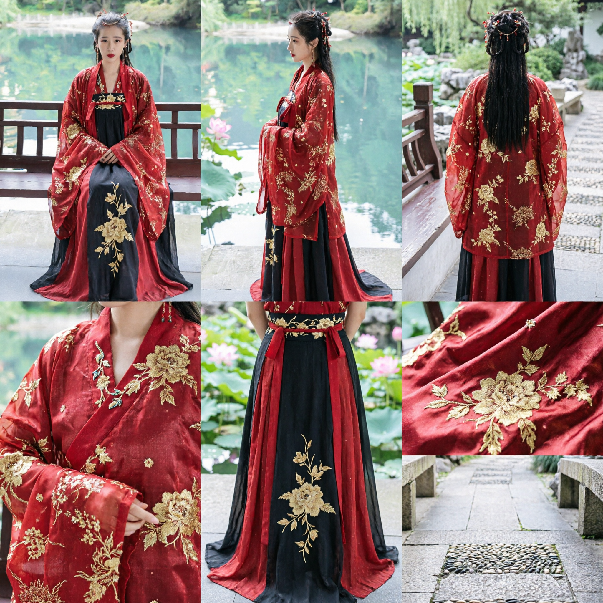 Elegante Abito Hanfu Rosso Cinese, Costume Ricamato Tradizionale Antico della Dinastia Tang per Donne - Asian Costume