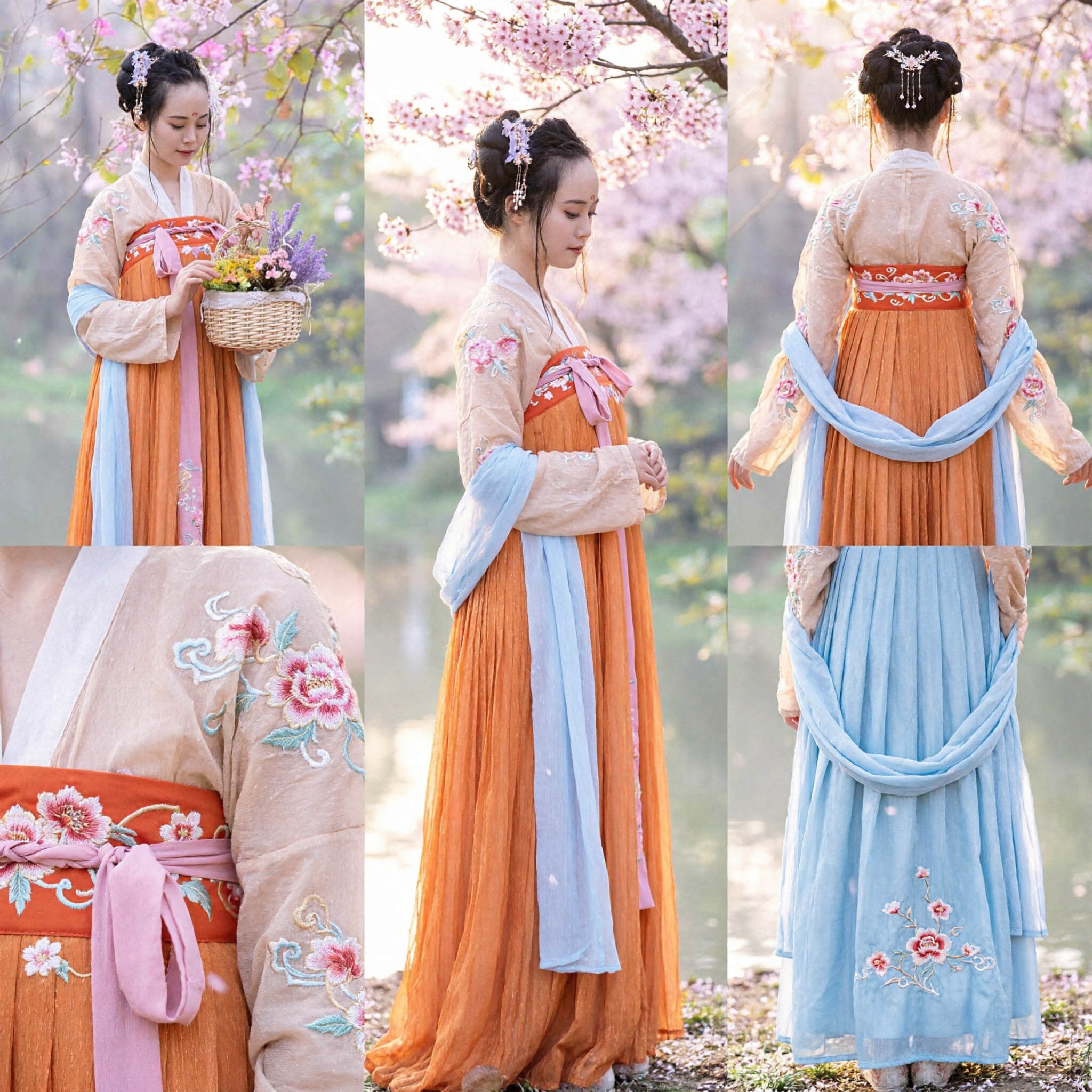 Traje Chinês Antigo Hanfu Estilo Dinastia Tang Blusa Bordada e Saia Longa Laranja para Mulheres - Asian Costume