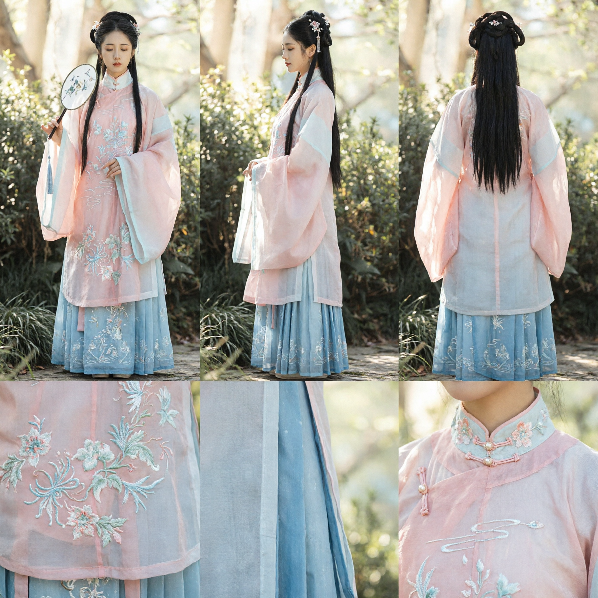 Élégant costume traditionnel chinois Hanfu Ensemble Top col droit broderie florale rose et Jupe plissée verte - Asian Costume