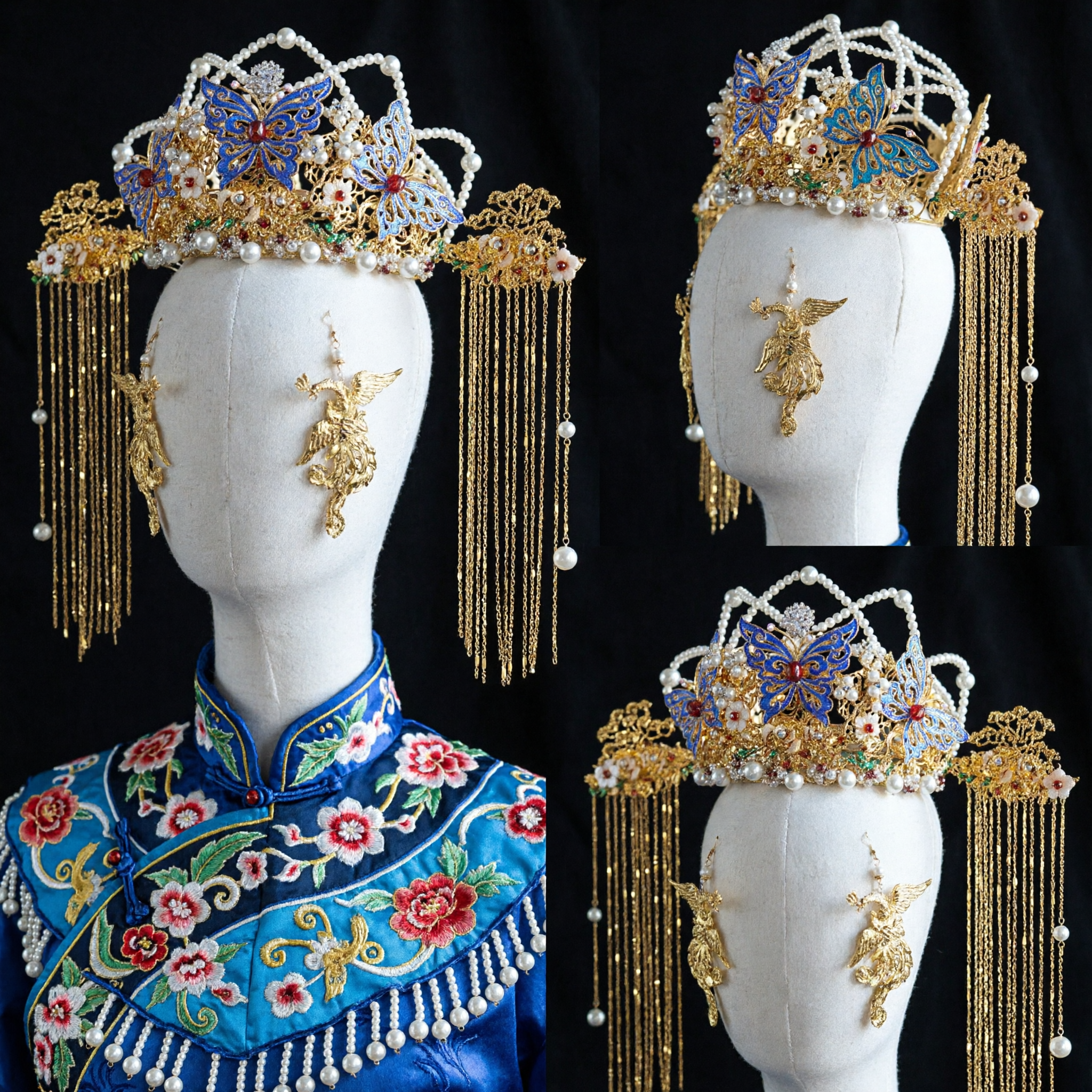 Acessórios de Cabelo para Casamento Tradicional Chinês Coroa Borboleta Fênix Esmalte Azul com Borlas Douradas para Noiva Hanfu - Asian Costume