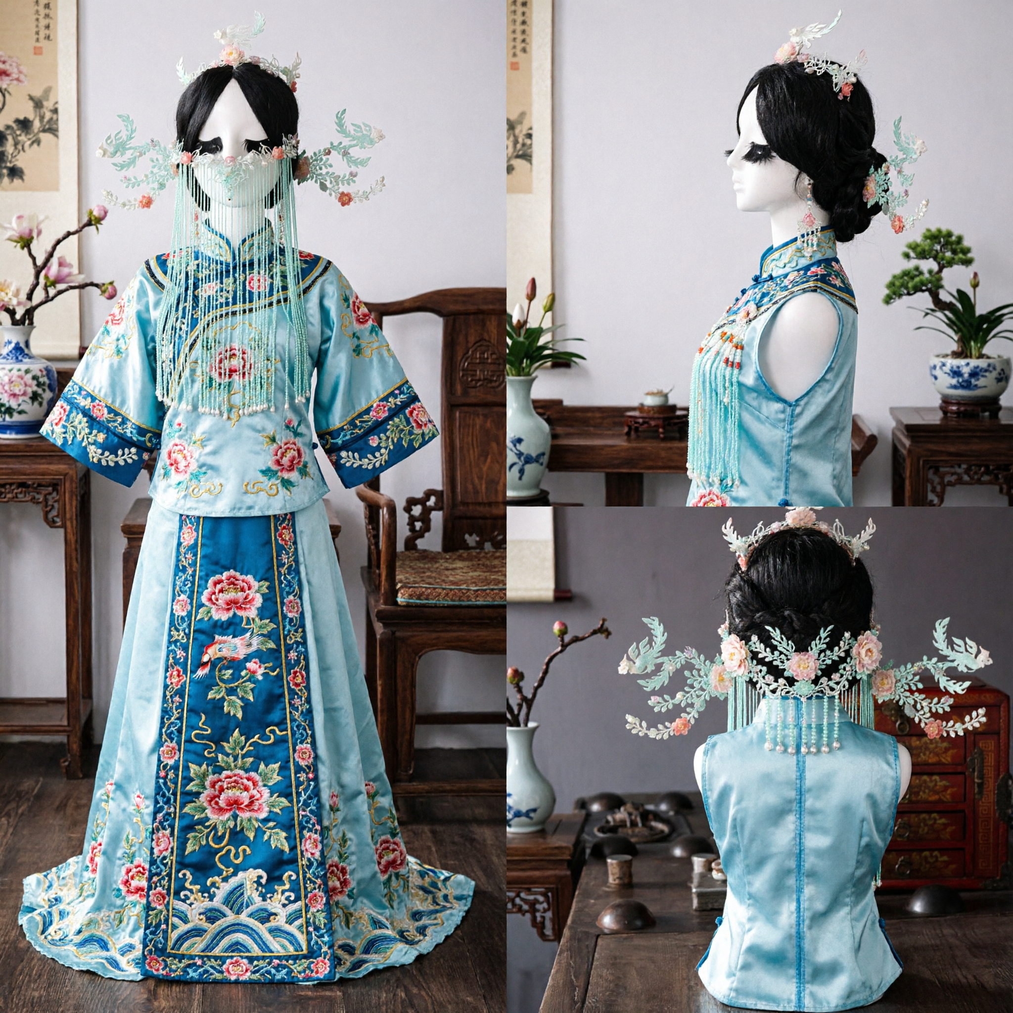 مجموعة إكسسوارات شعر هانفو صينية تقليدية، تاج أميرة قديم مع شرابات وهدب طويل وزخارف زهرية للنساء - Asian Costume