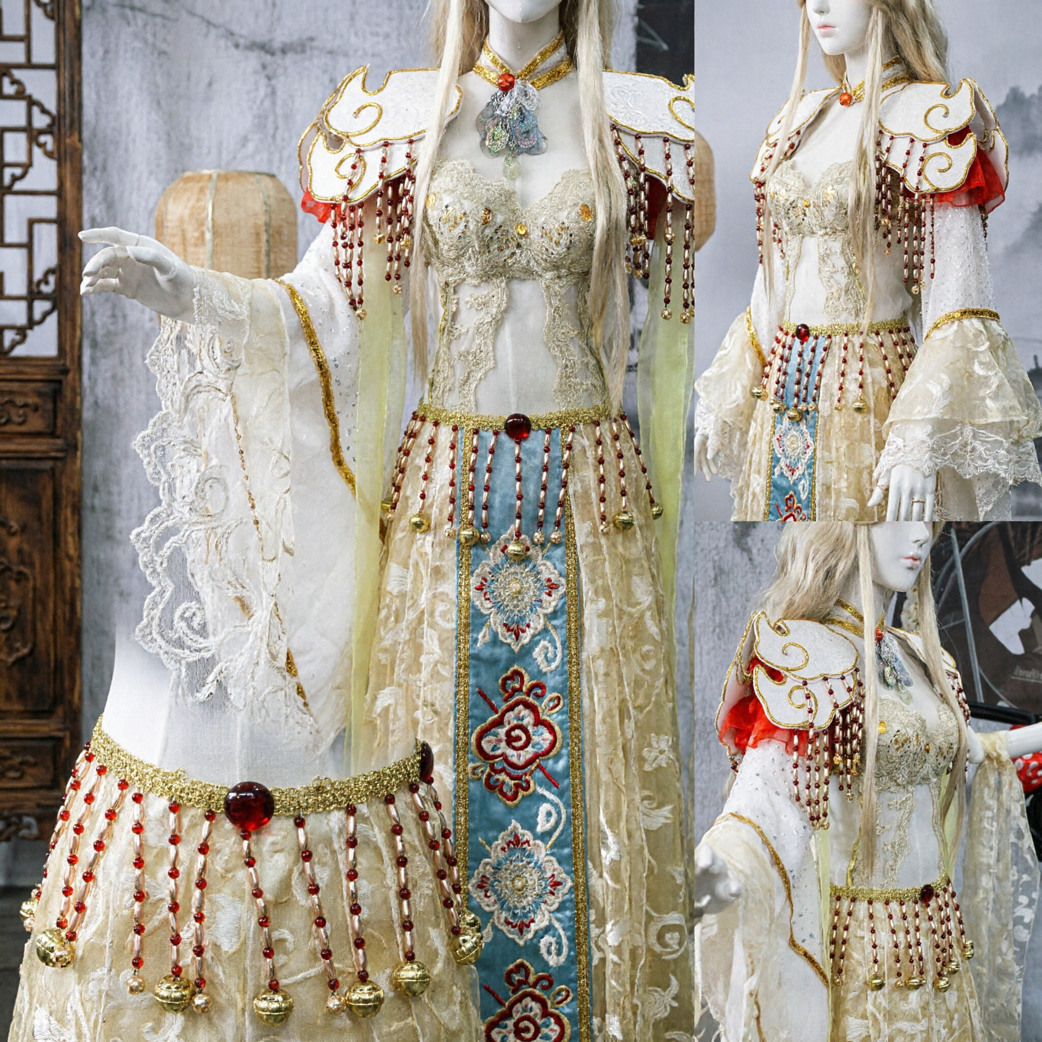 زي الجنية الصيني الأنيق بالأبيض والذهبي هانفو مع شرابات من الخرز للنساء وللكوزبلاي والعروض - Asian Costume