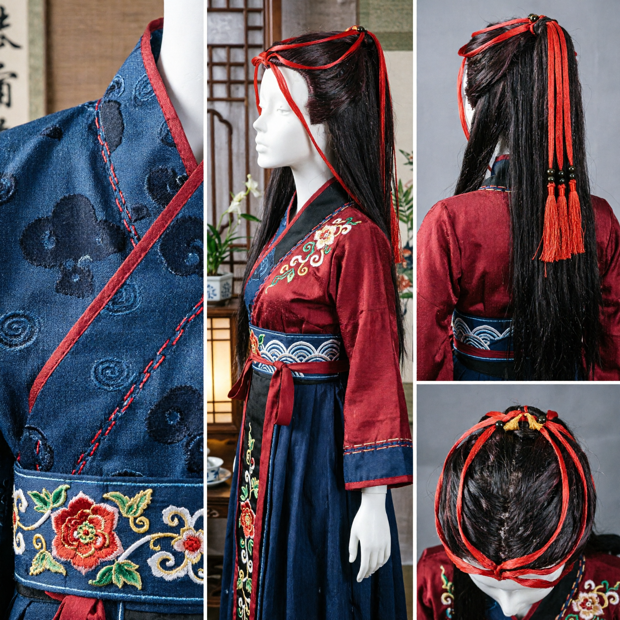Peruca Antiga Tradicional Chinesa Cabelo Longo Preto com Fita Vermelha para Cosplay Hanfu e Drama Wuxia - Asian Costume