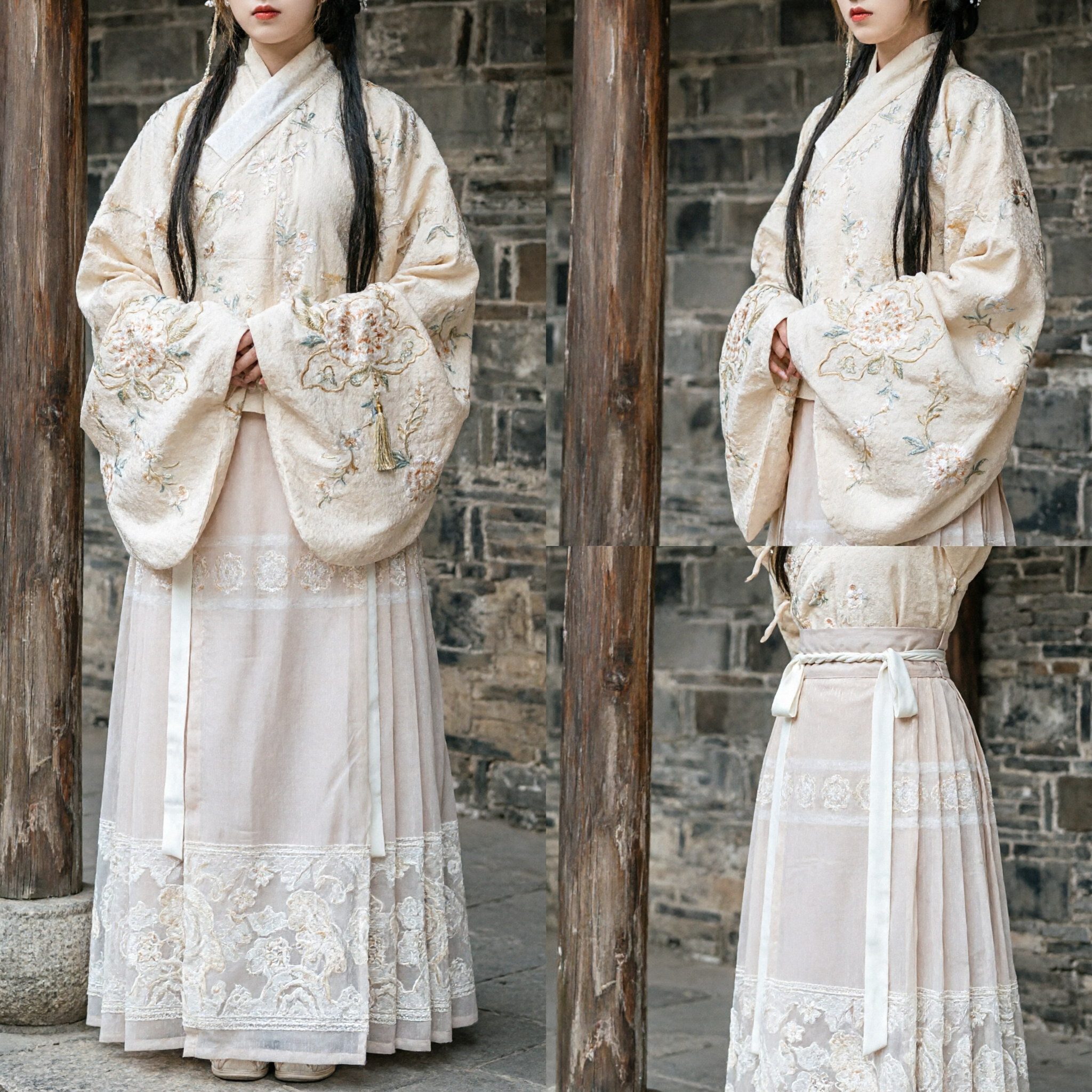 Traditional Chinese Ming Dynasty Hanfu Costume for Women Elegant Cream Embroidered Top and Pink Horse Face Skirt - Asian Costume