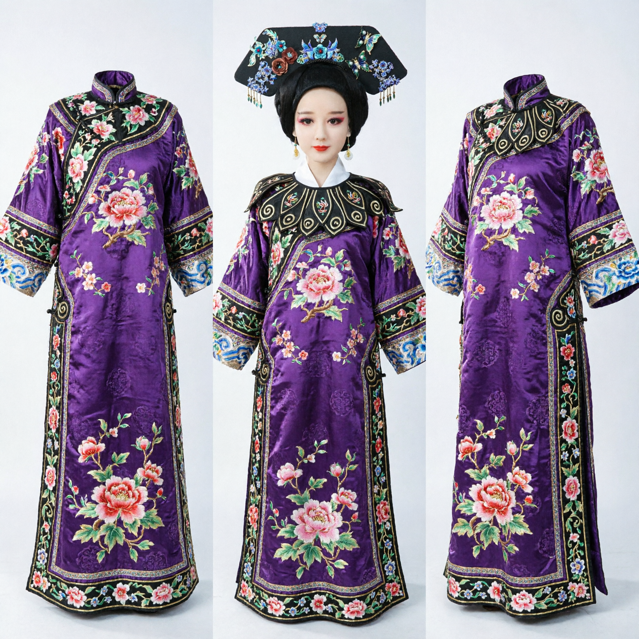 Coiffe de l'impératrice mandchoue de la dynastie Qing traditionnelle chinoise, grande aile noire avec bijoux floraux pour cosplay - Asian Costume