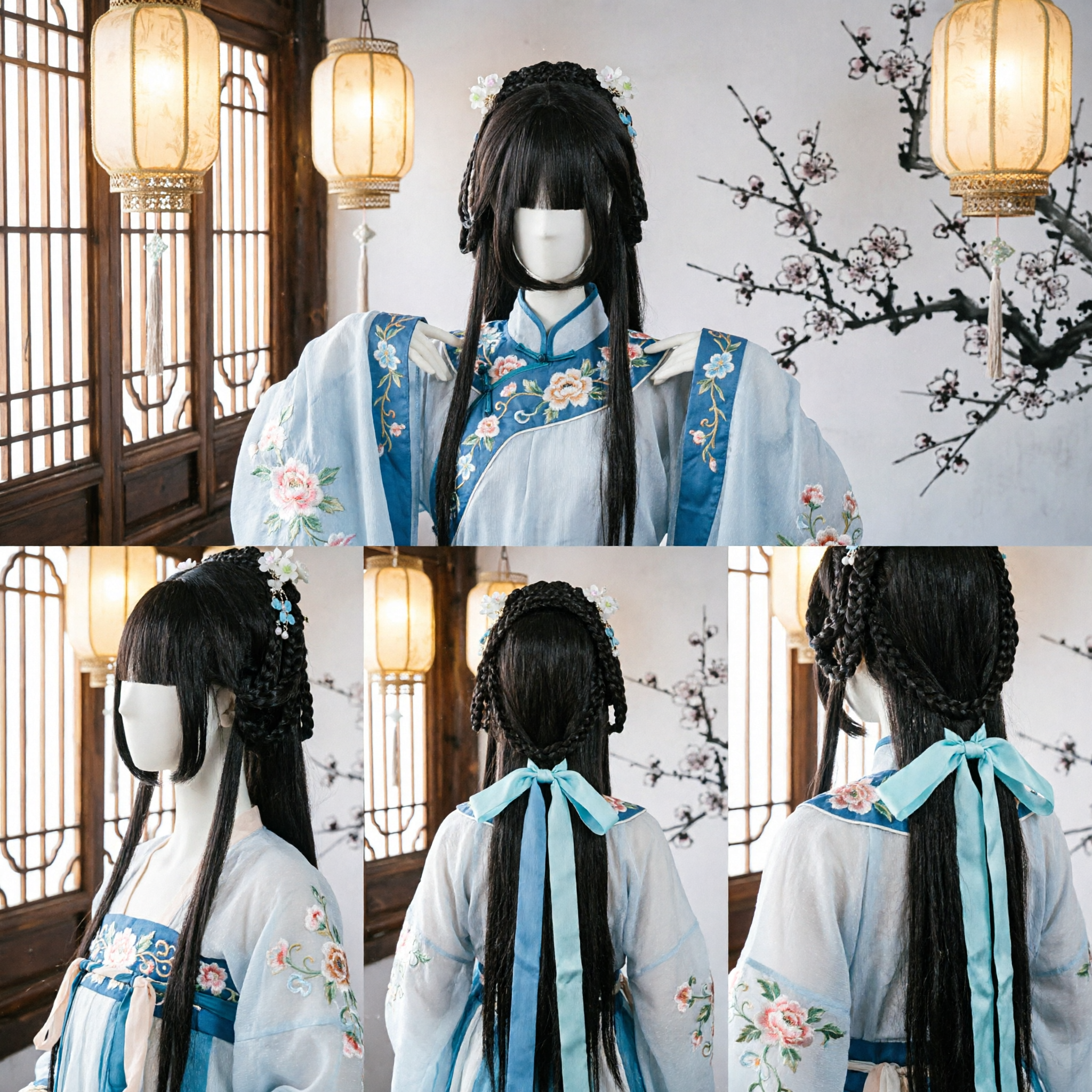 Starożytna peruka księżniczki, tradycyjne czarne splecione pasemko włosów Hanfu z kwiatowymi akcesoriami dla kobiet, cosplay - Asian Costume