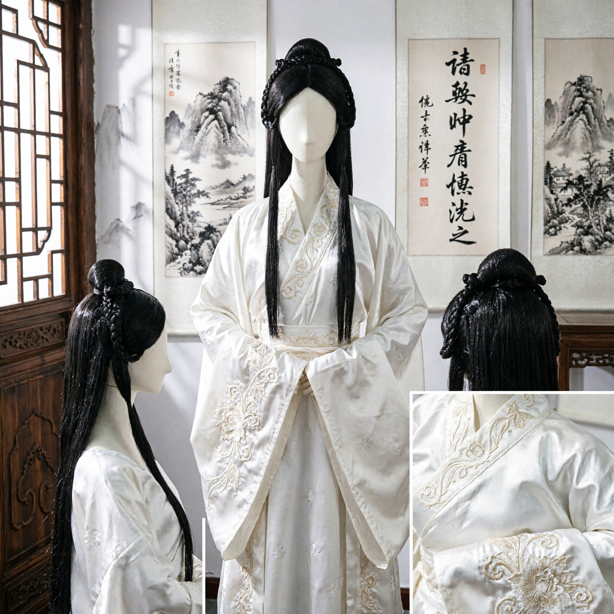 Starożytna peruka do historycznego dramatu, czarne splecione pasemko włosów z kokiem do kostiumu Hanfu, akcesoria cosplay - Asian Costume