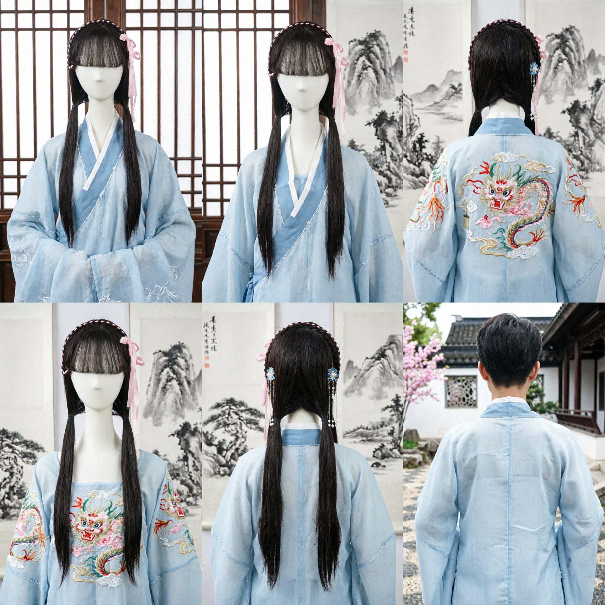 Traditionelle chinesische antike Stil-Perücke Langes schwarzes Haar mit floralem Stirnband für Hanfu Cosplay - Asian Costume