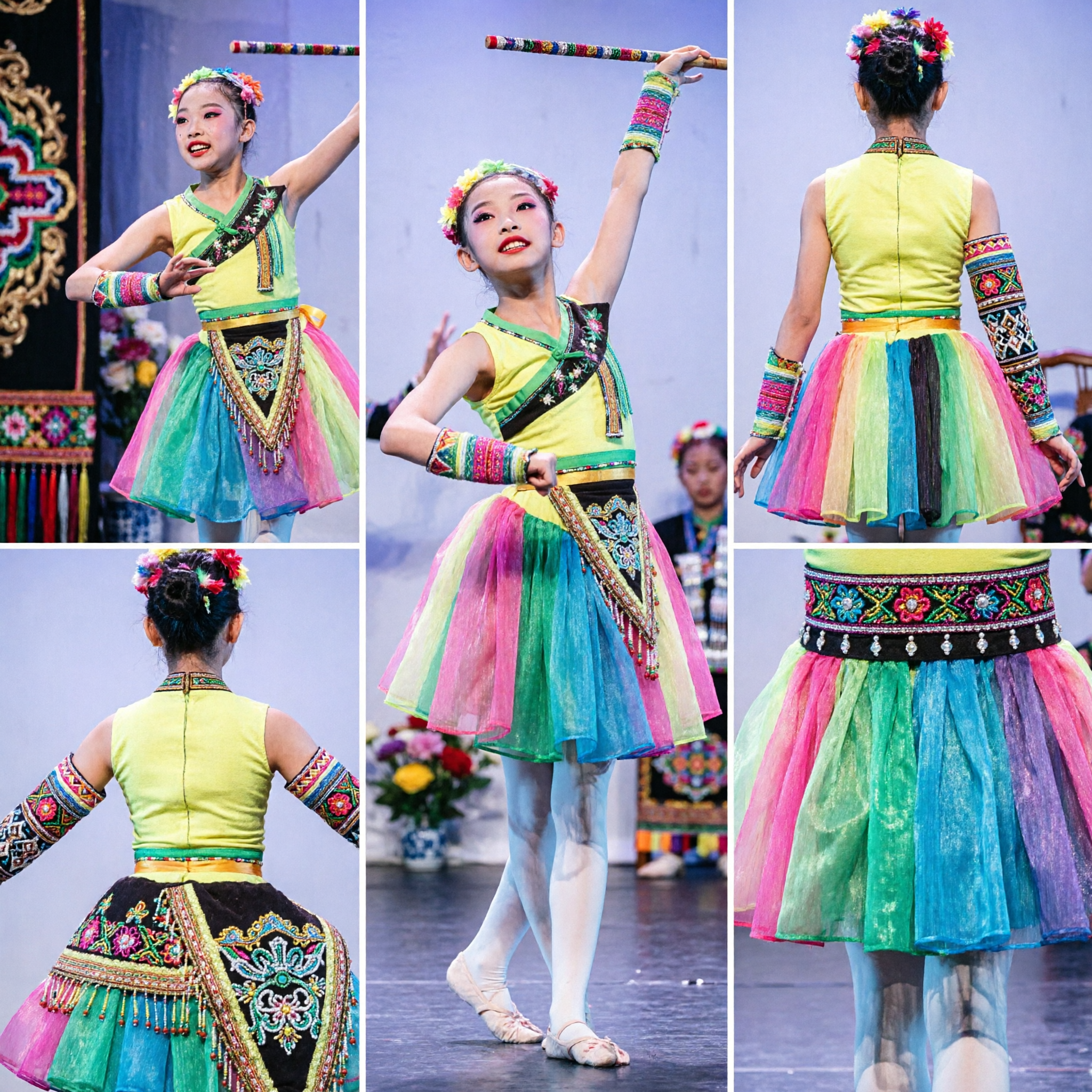 Chinese Ethnic Dance Costume for Girls Colorful Folk Stage Performance Dress Kids Traditional Outfit - Asian Costume