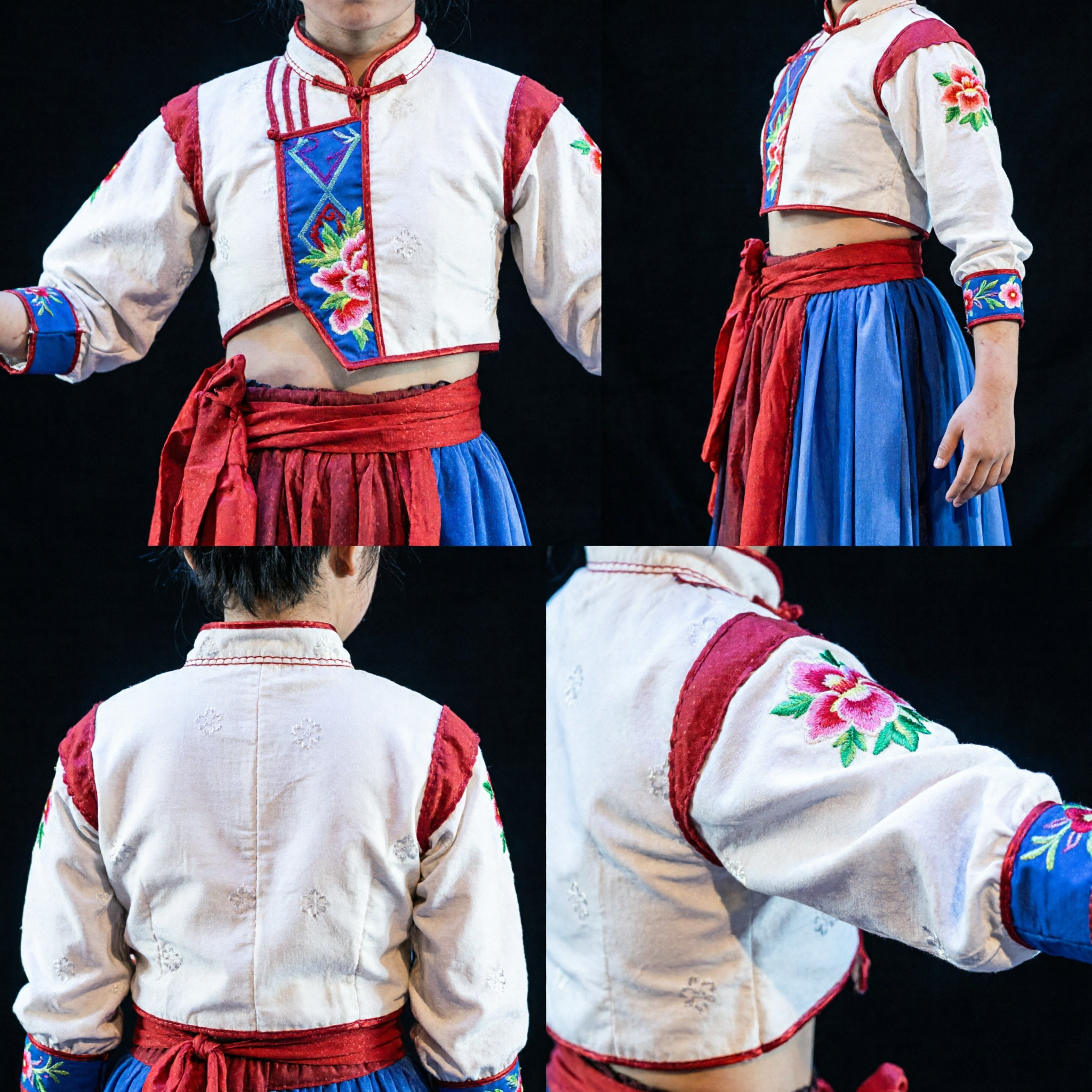 Costume de danse folklorique traditionnel chinois pour enfants Tenue de performance brodée rouge et blanche pour garçons et filles Spectacle scénique - Asian Costume