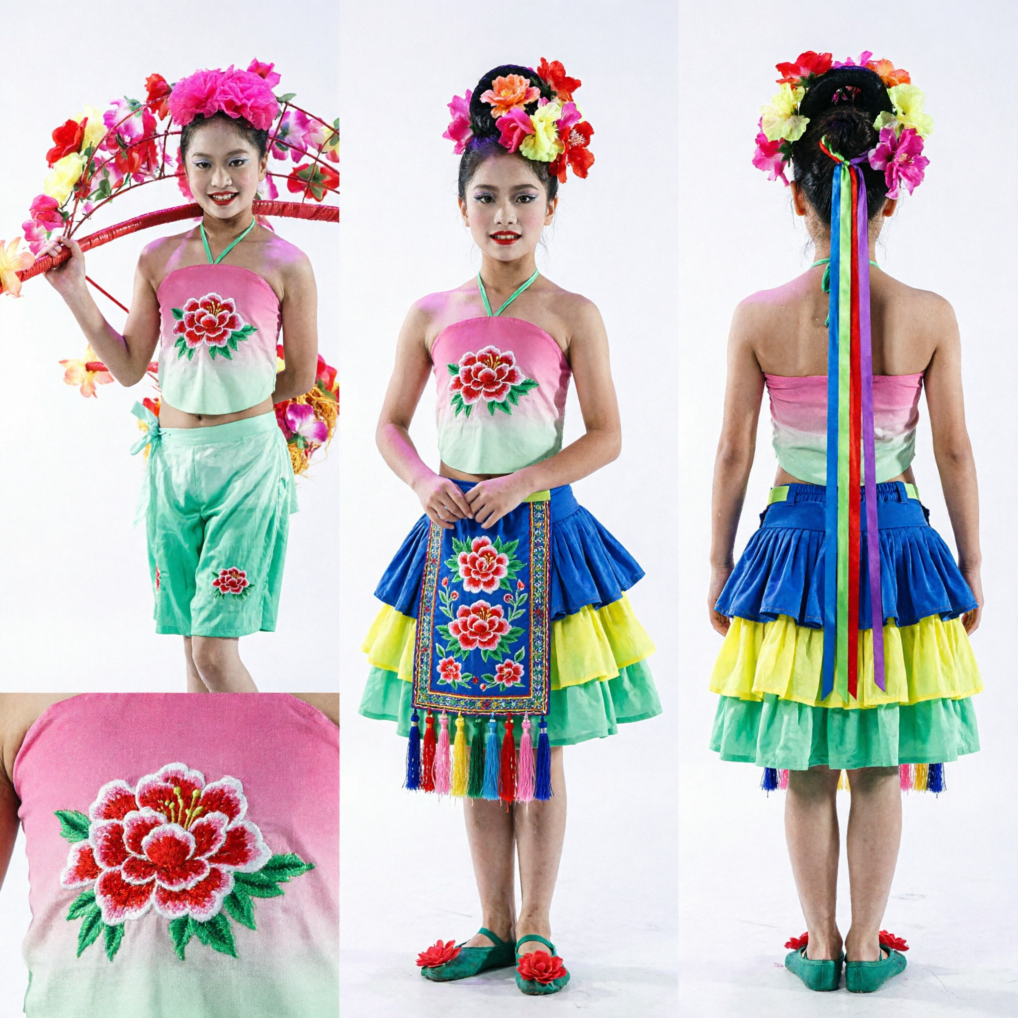 중국 전통 민속 무용 의상 여아 양꼬치 꽃무용 공연 무대 복장 - Asian Costume