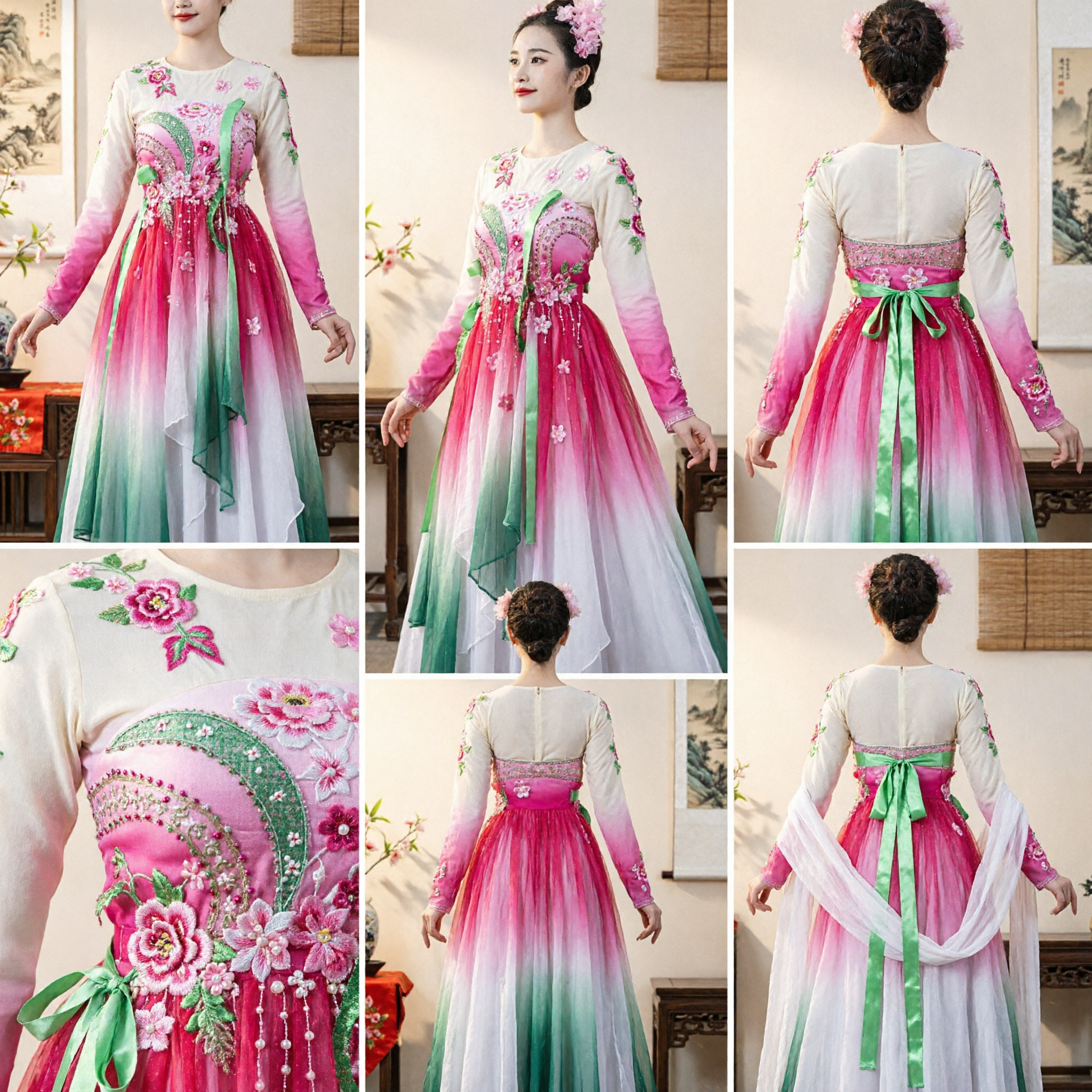 Traditionelles chinesisches klassisches Tanzkostüm Frauen Rosa Verlauf Florale Stickerei Langarm Bühnenaufführungskleid - Asian Costume
