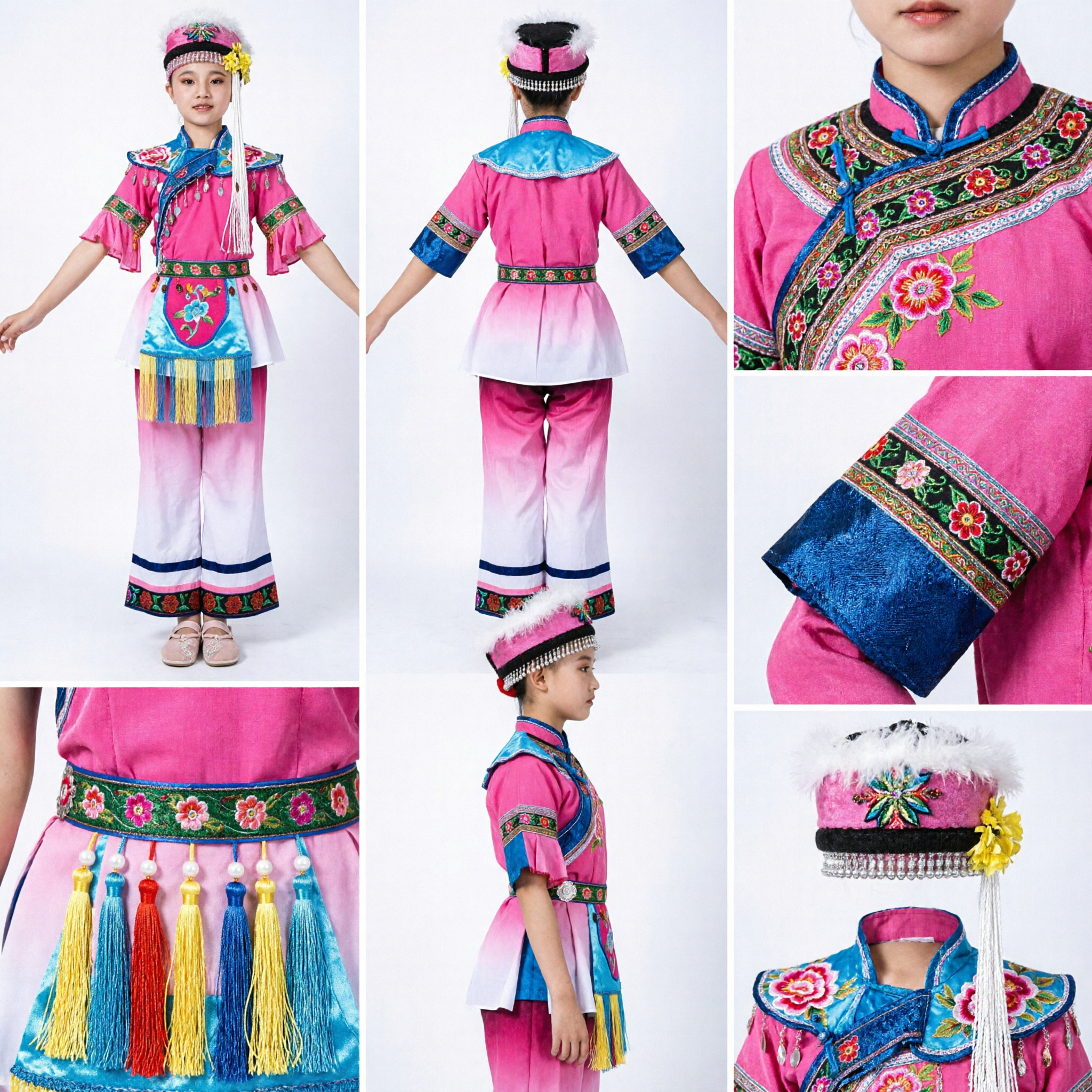 Traje de Danza de Minoría Étnica China para Niñas Atuendo de Escenario Folklórico Tradicional con Tocado - Asian Costume