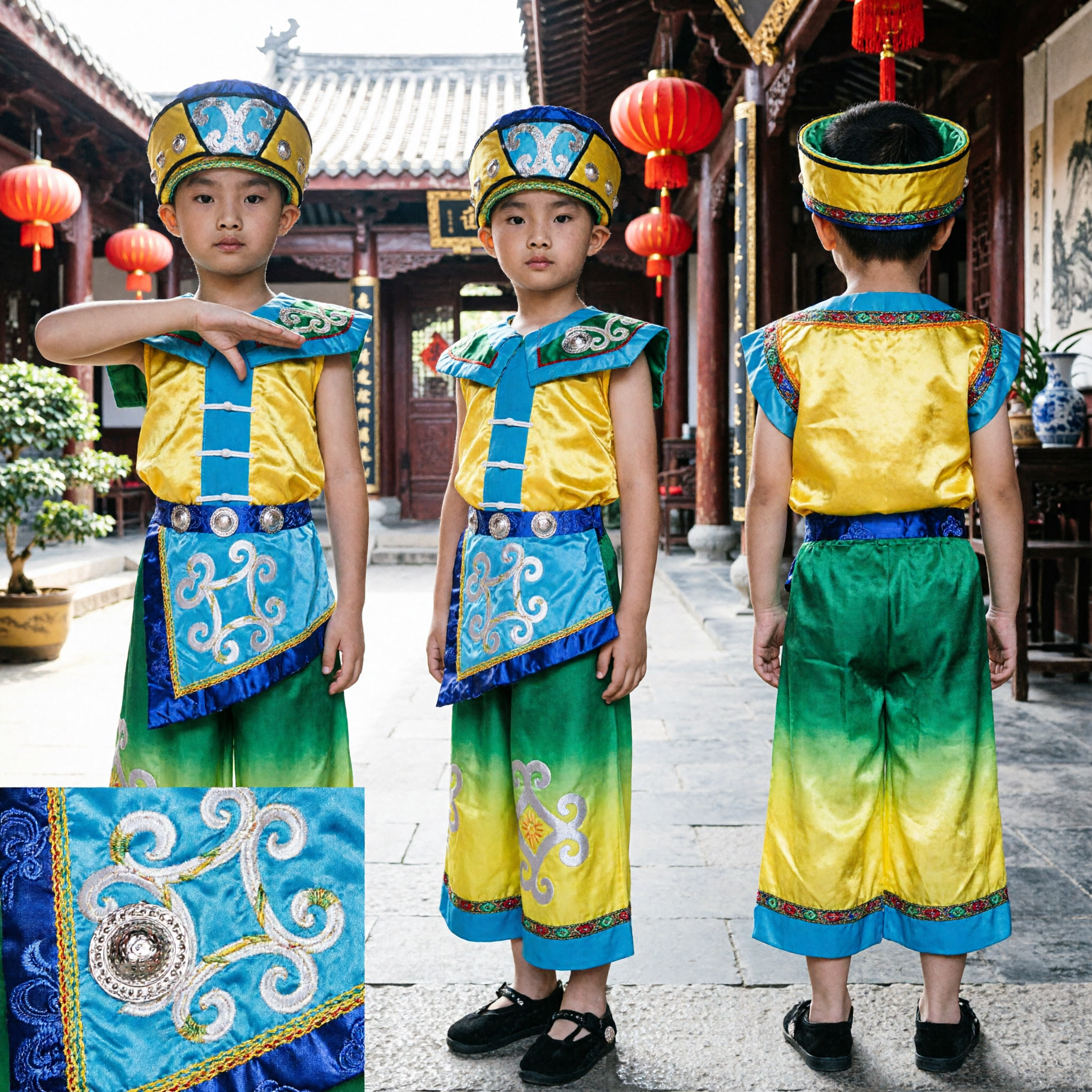 Traditionelles Chinesisches Mongolisches Tanzkostüm für Mädchen Kinder Ethnische Minderheit Bühnenauftritt Gelb Blau Outfit - Asian Costume