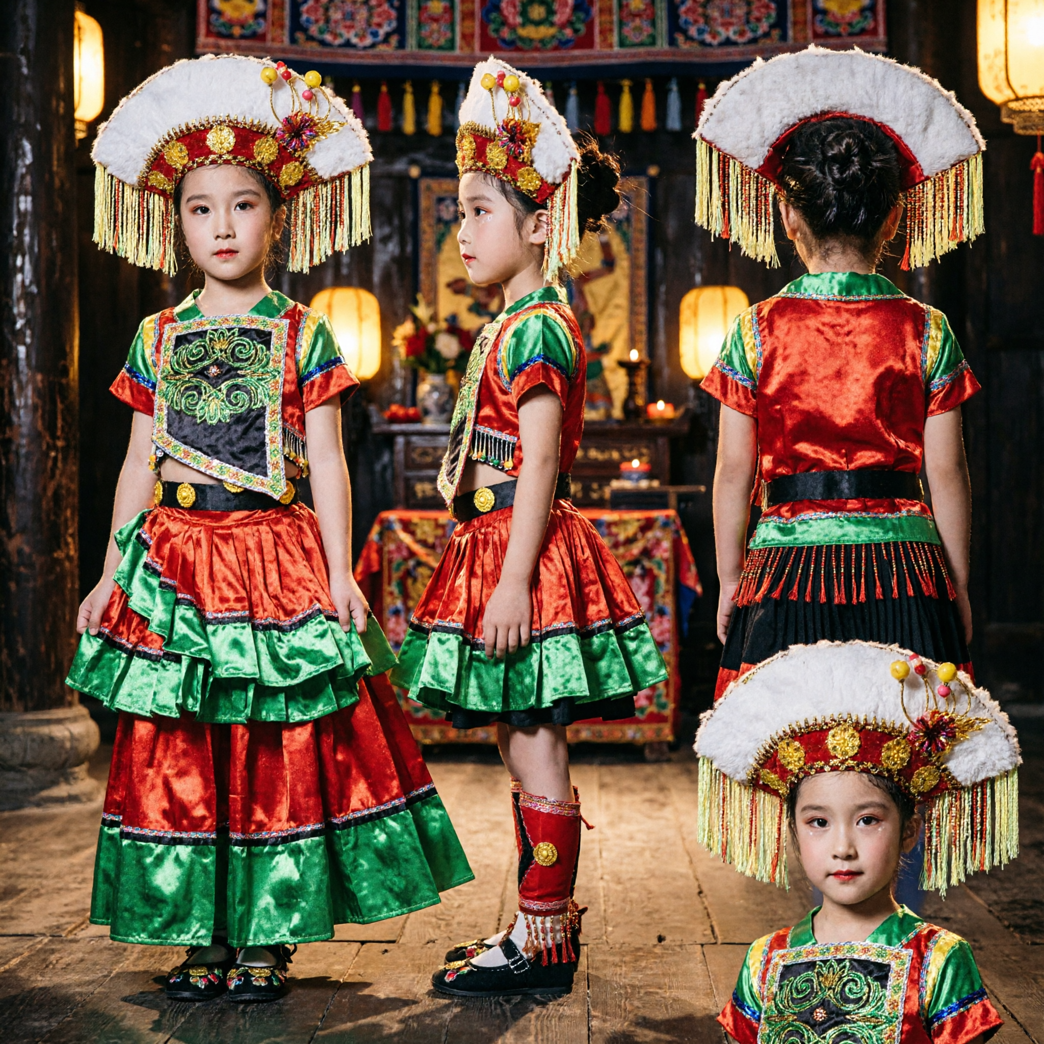 Mädchen Traditionelles Chinesisches Mongolisches Ethnie Tanzkostüm Kinder Volksaufführungskleid Komplettes Set mit Kopfschmuck - Asian Costume