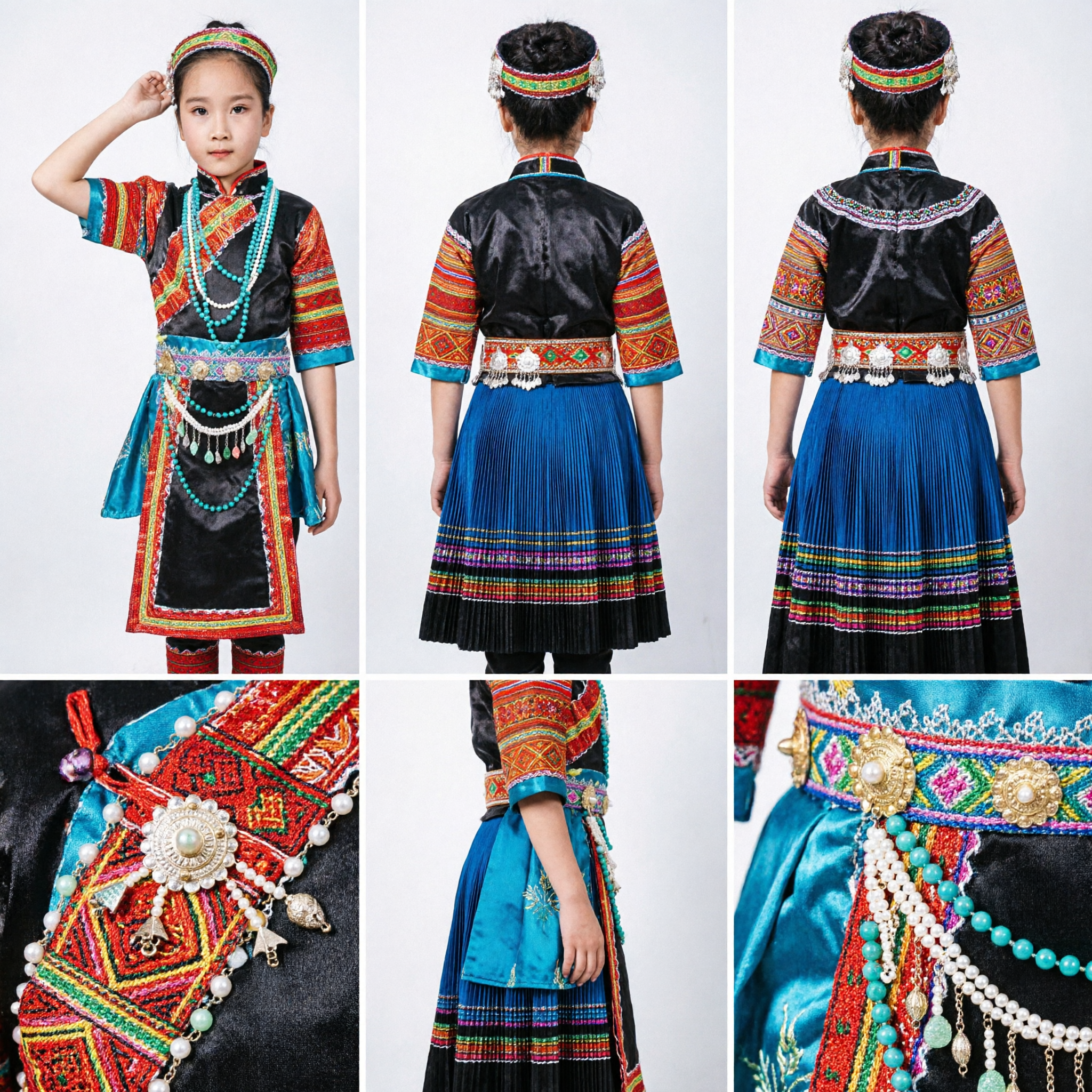 Traje de Dança Folclórico Étnico de Minoria Tradicional Chinês para Meninas Traje Cultural Colorido para Performance no Palco - Asian Costume