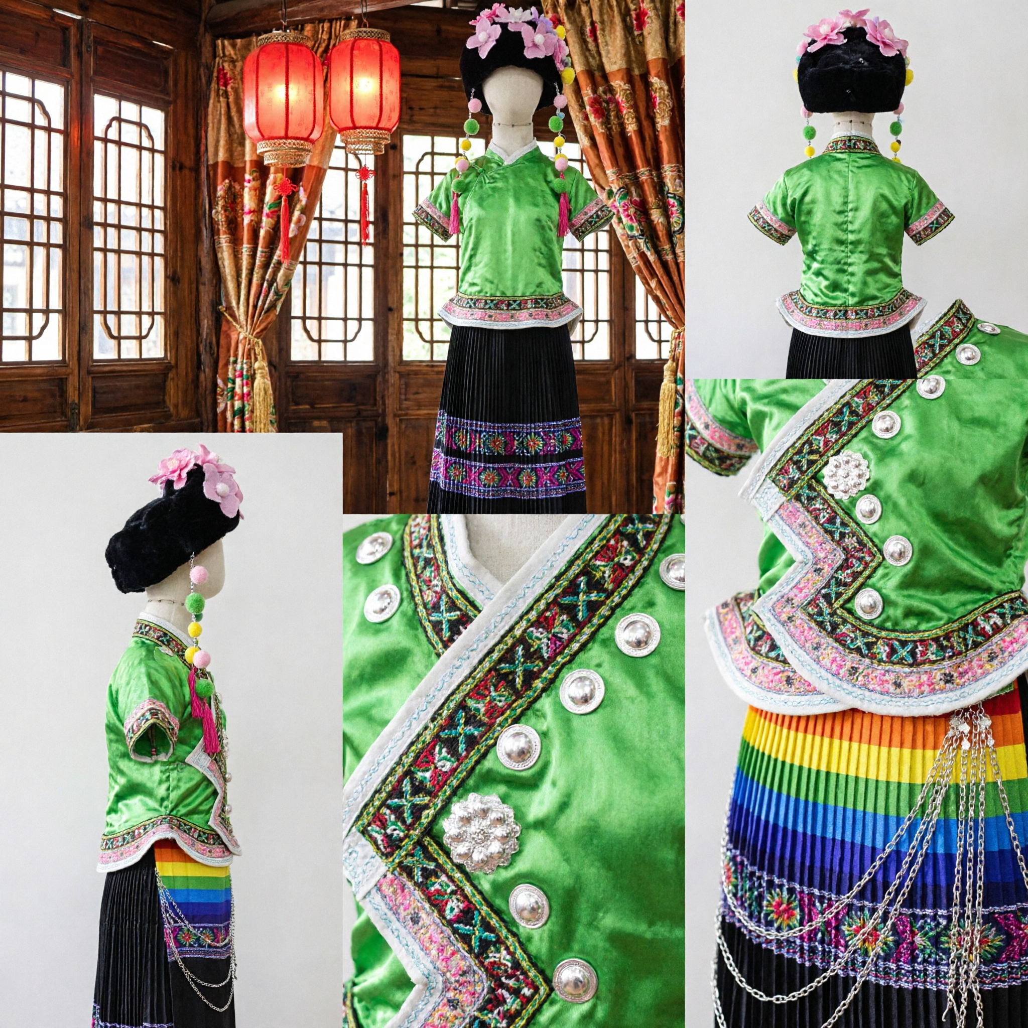 Costume de danse traditionnel chinois de la minorité Miao vert pour filles, avec coiffe florale et bijoux en argent - Asian Costume