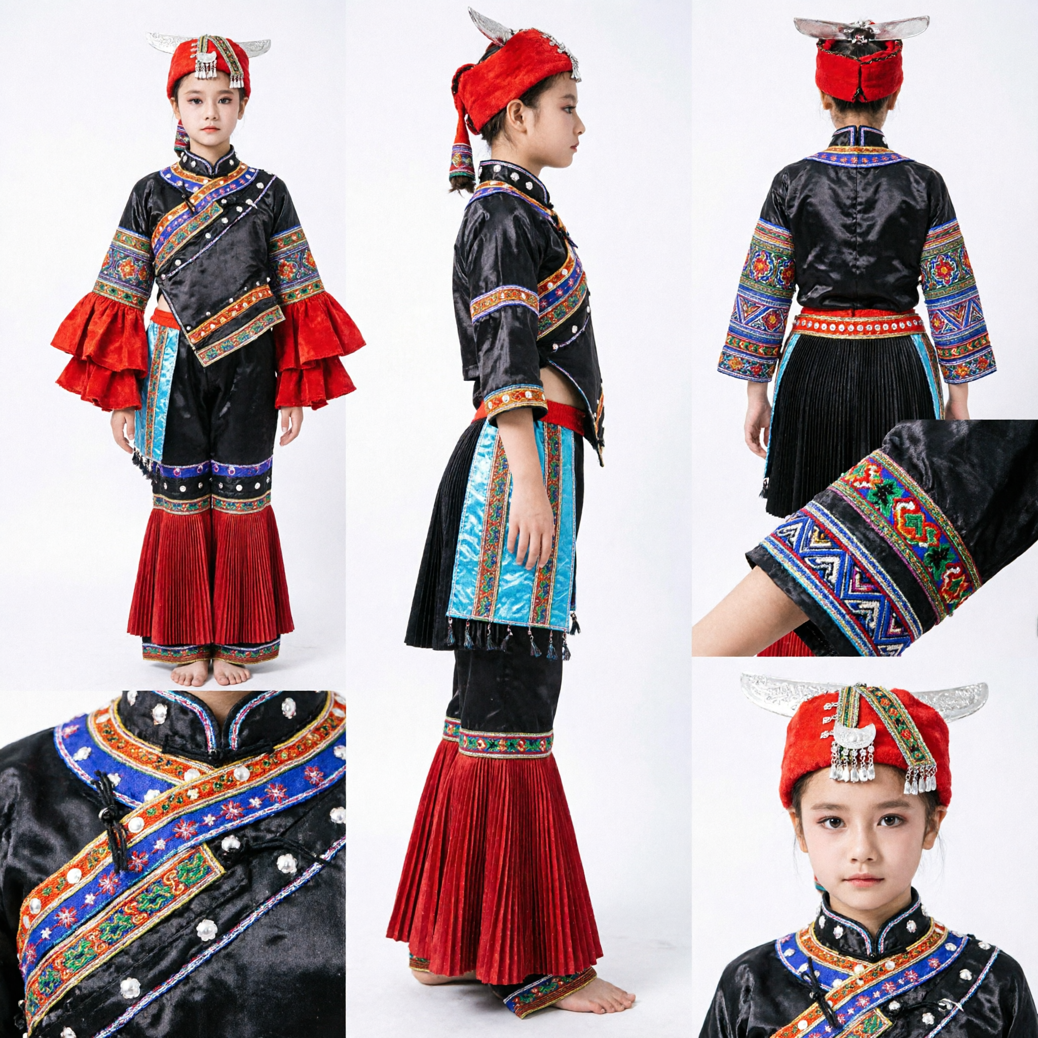 Traditionelles Chinesisches Ethnisch Volkstanzkostüm für Mädchen Rot Schwarz Besticktes Bühnenauftritt Outfit Set mit Kopfschmuck - Asian Costume