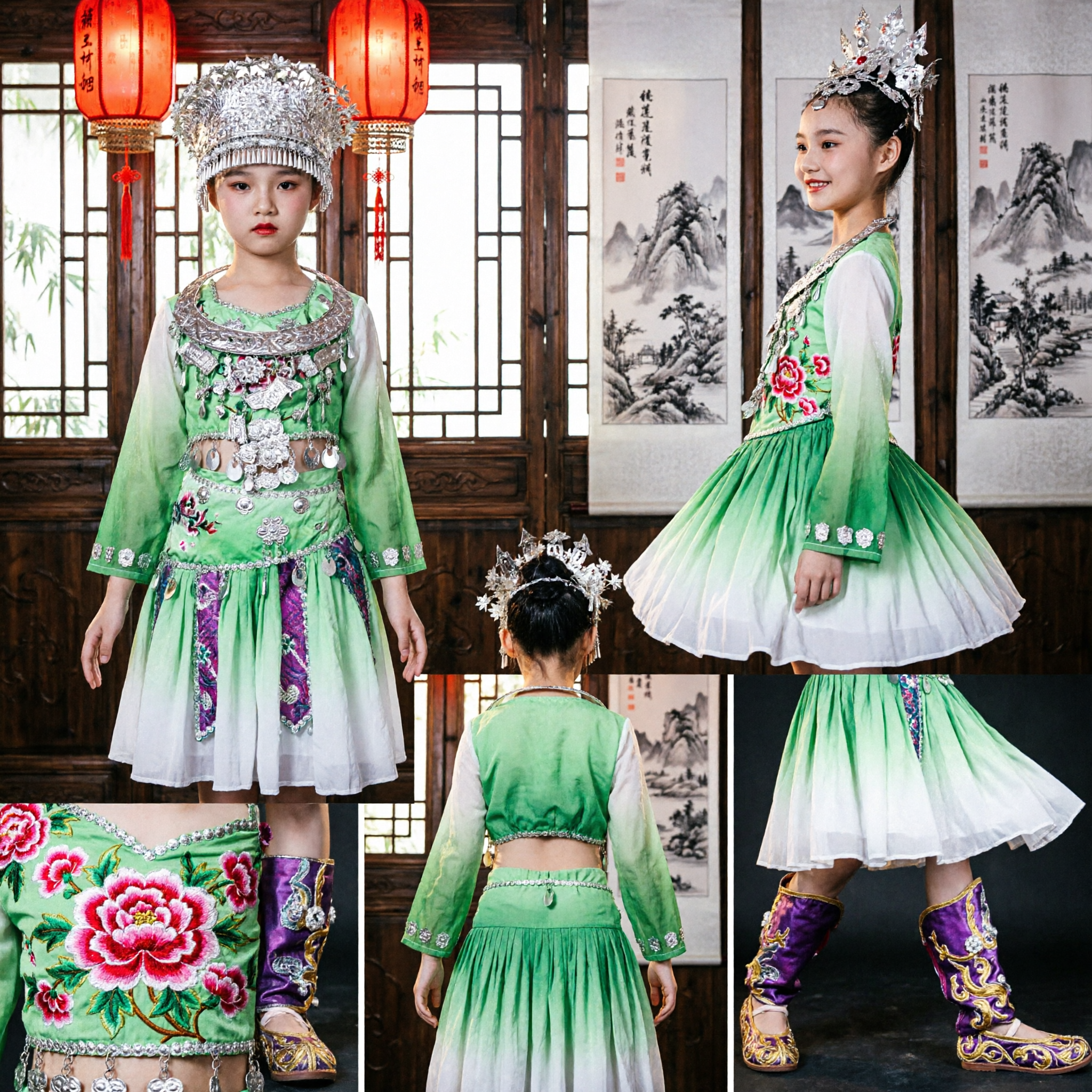Girls Chinese Miao Ethnic Minority Dance Costume Traditional Green Dress with Silver Jewelry for Kids Stage Performance - Asian Costume