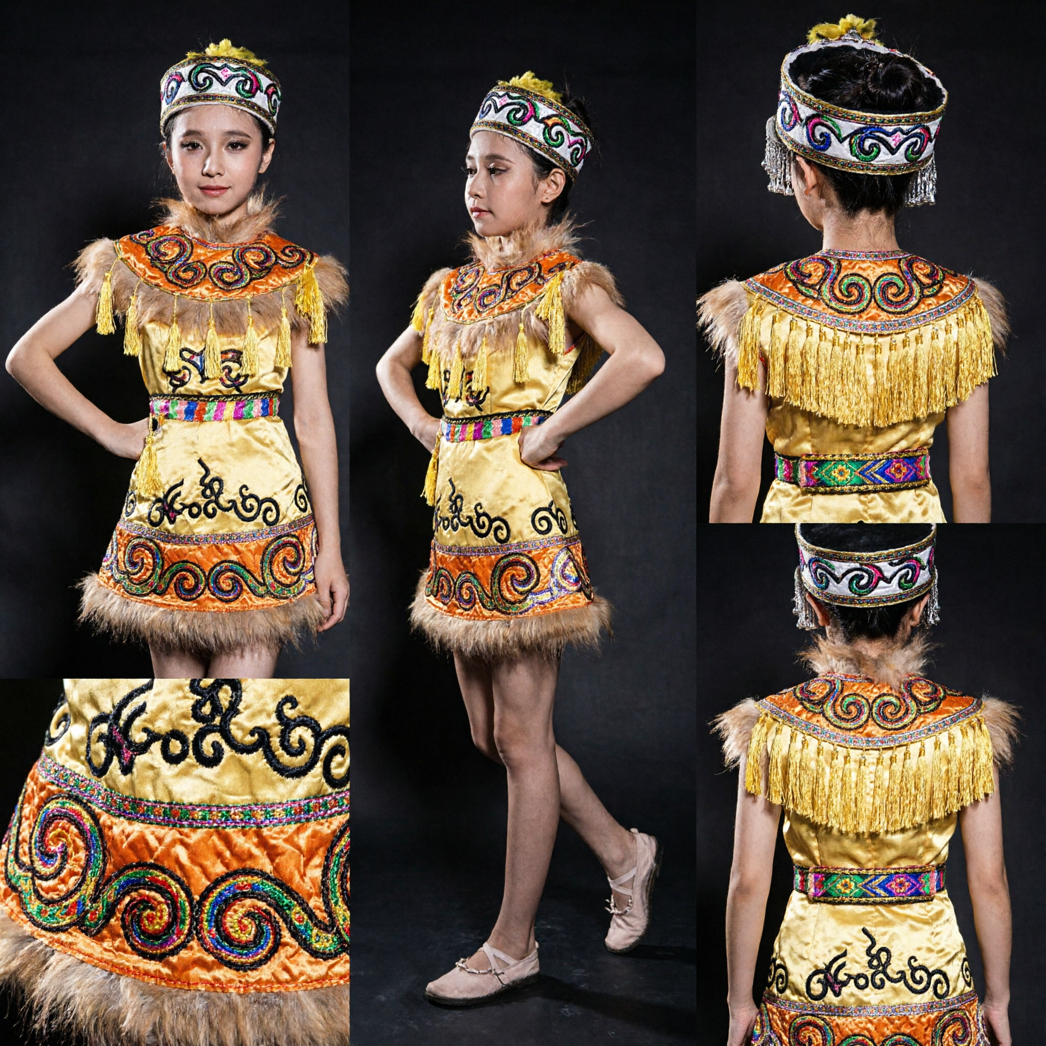 Costume da Danza Folk Cinese Giallo per Ragazze, Abito per Spettacoli di Minoranza Etnica con Copricapo - Asian Costume