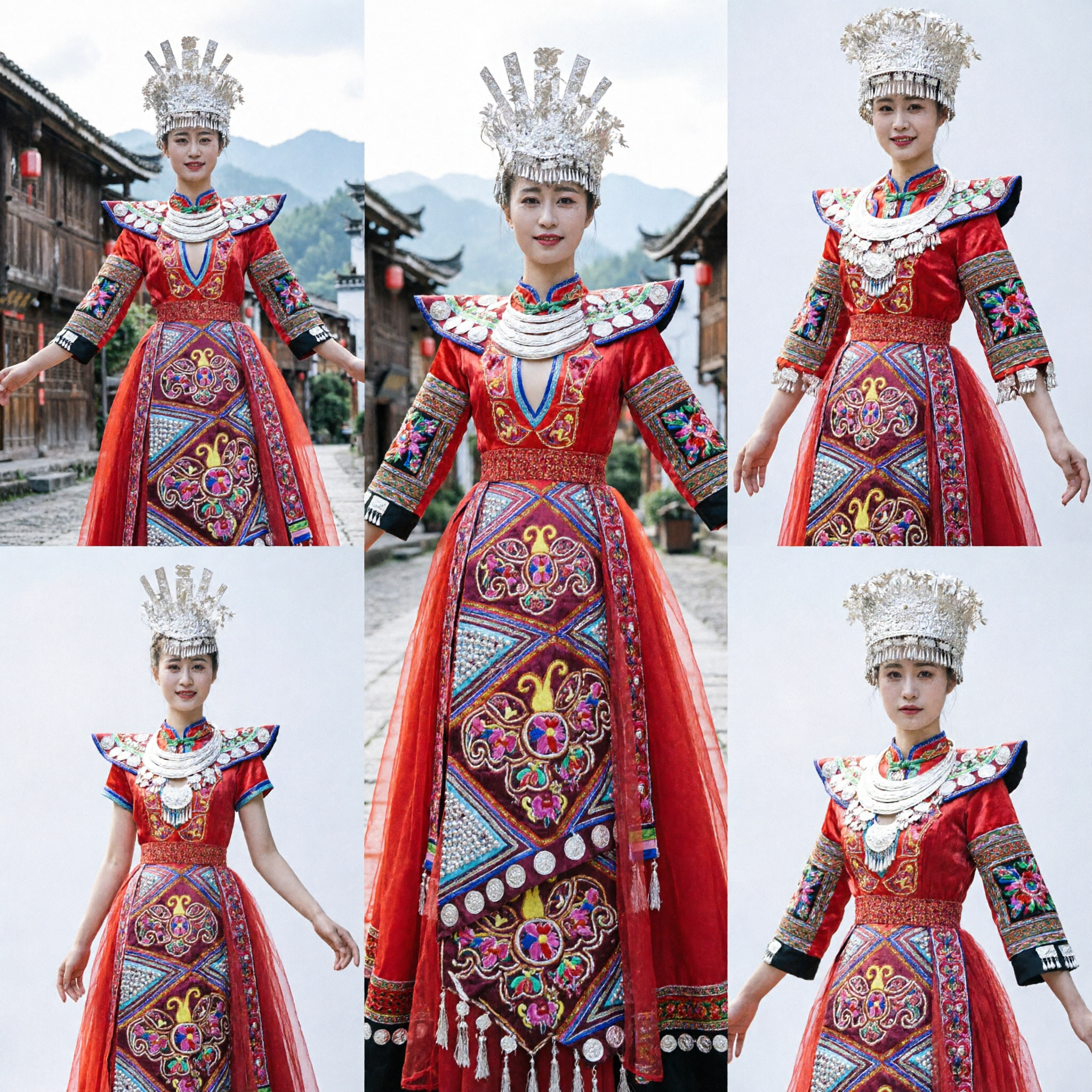 Chinese Traditional Miao Nationality Costume Red Folk Dance Stage Performance Dress with Silver Headdress - Asian Costume