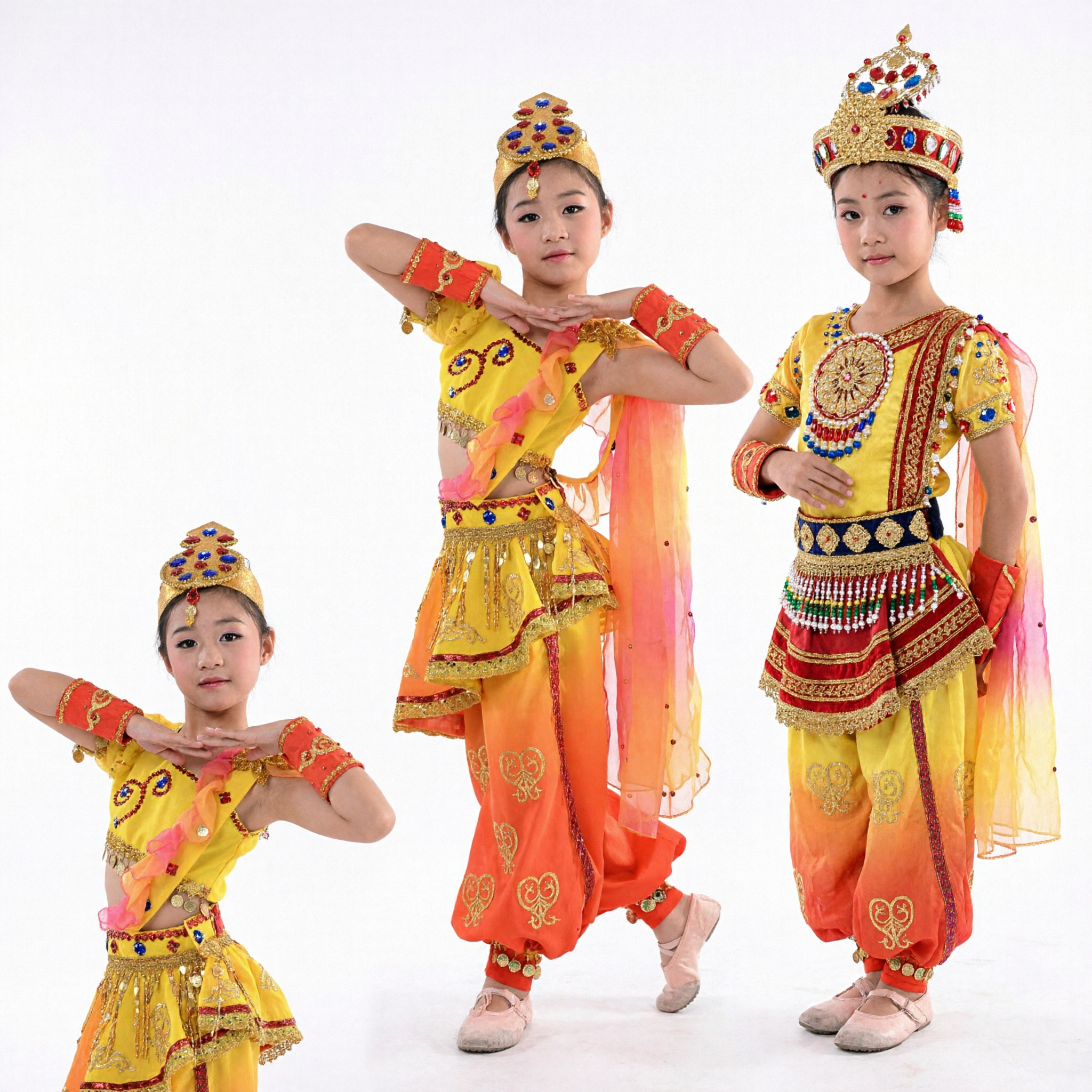 Meisjes Traditioneel Chinees Dunhuang Danskostuum Geel Oranje Vliegende Apsaras Outfit Kinderen Podiumoptredensjurk - Asian Costume