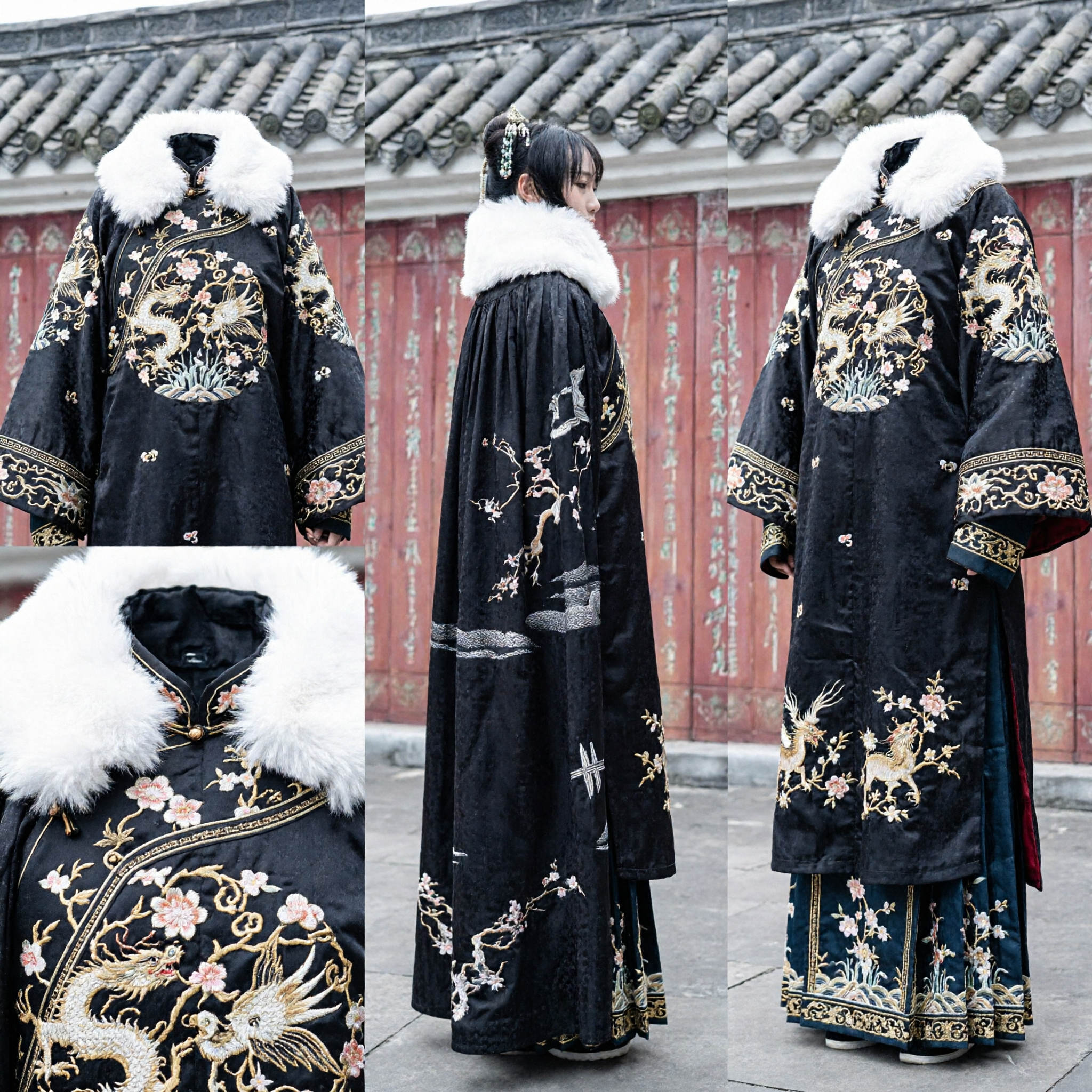 Traditioneel Chinees Hanfu Wintermantel Zwarte Cape met Witte Bontkraag en Inktpruimenbloesemontwerp voor Volwassenen - Asian Costume