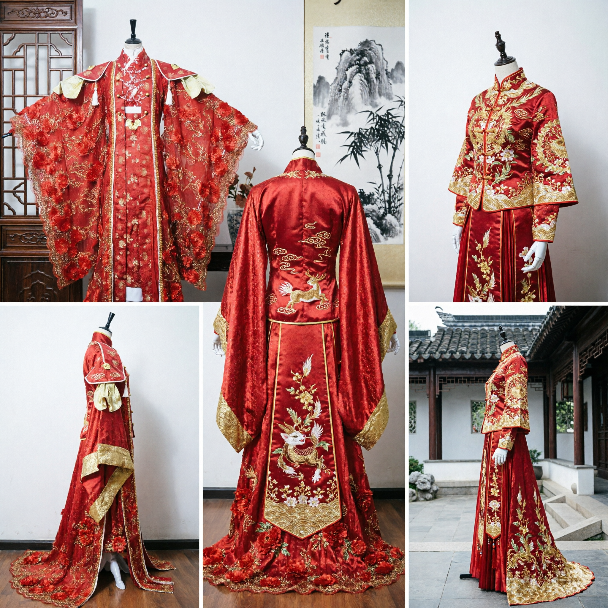 Vestido de Casamento Antigo Chinês Tradicional Robe Vermelha com Bordado Dourado de Fênix Traje Hanfu para Mulheres - Asian Costume