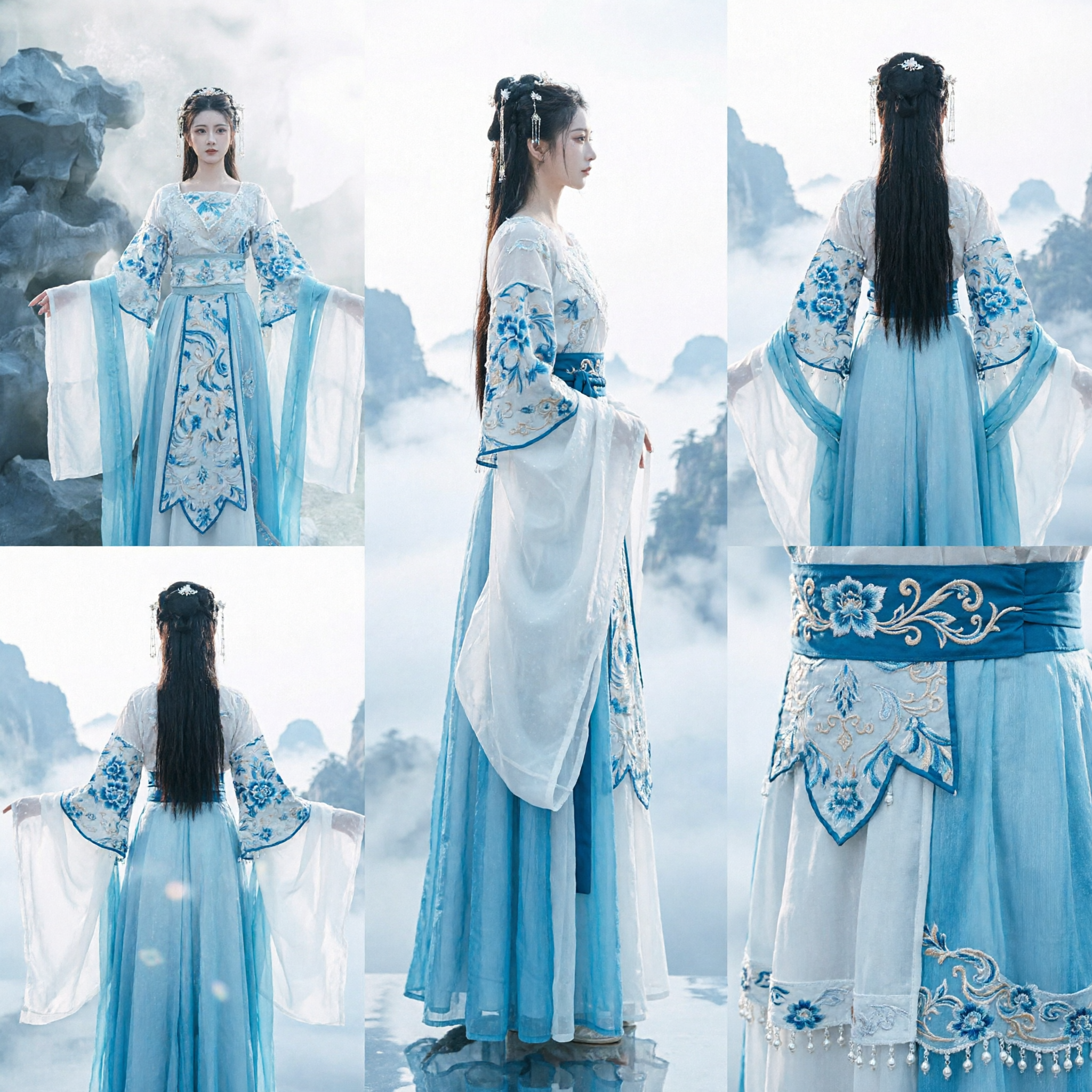 Elegante Costume cinese Hanfu Blu e Bianco Abito da Fata tradizionale con Ricami per Cosplay Femminile - Asian Costume