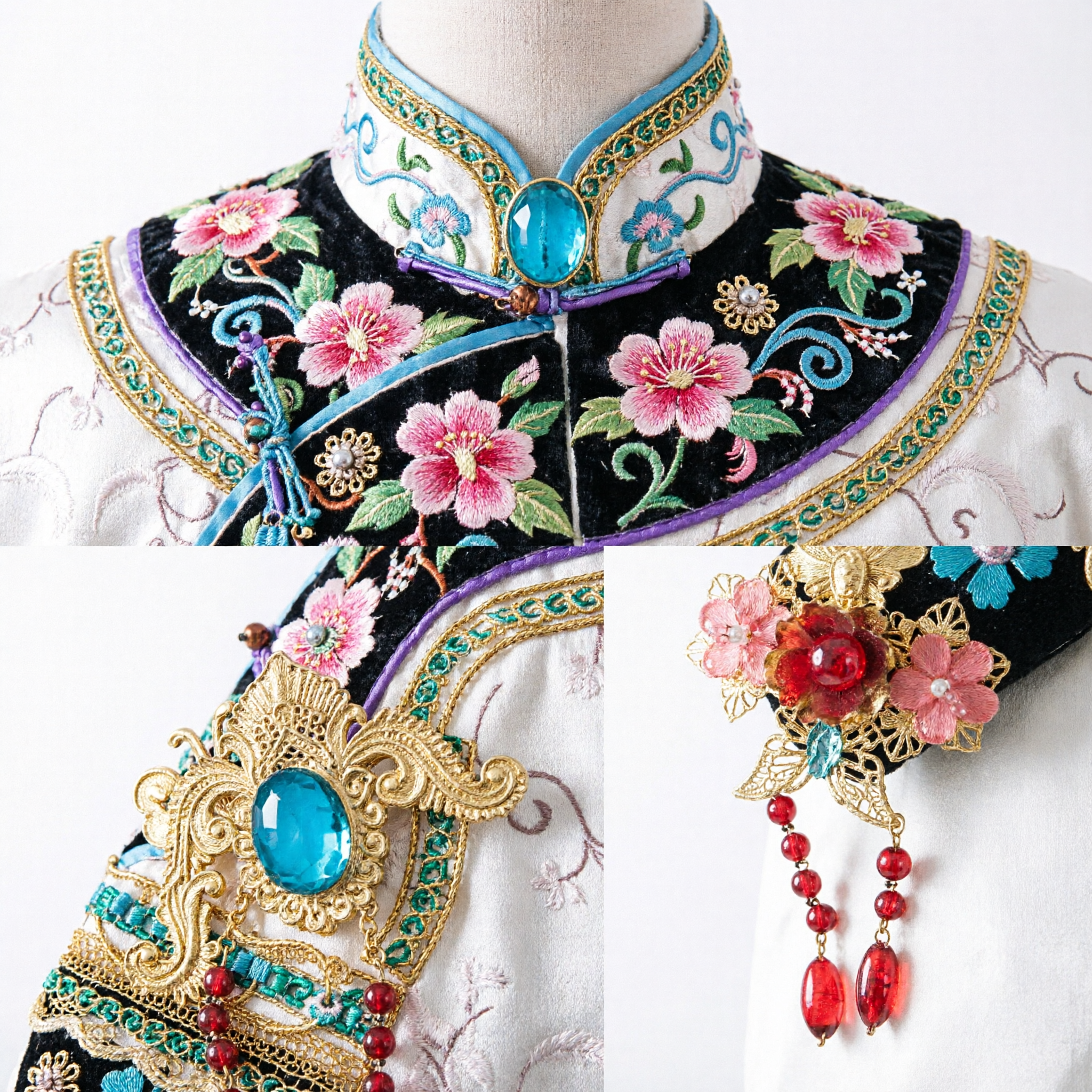 Tocado tradicional chino Hanfu Corona de flores de filigrana dorada Accesorio para el cabello con cristal azul para traje de novia - Asian Costume