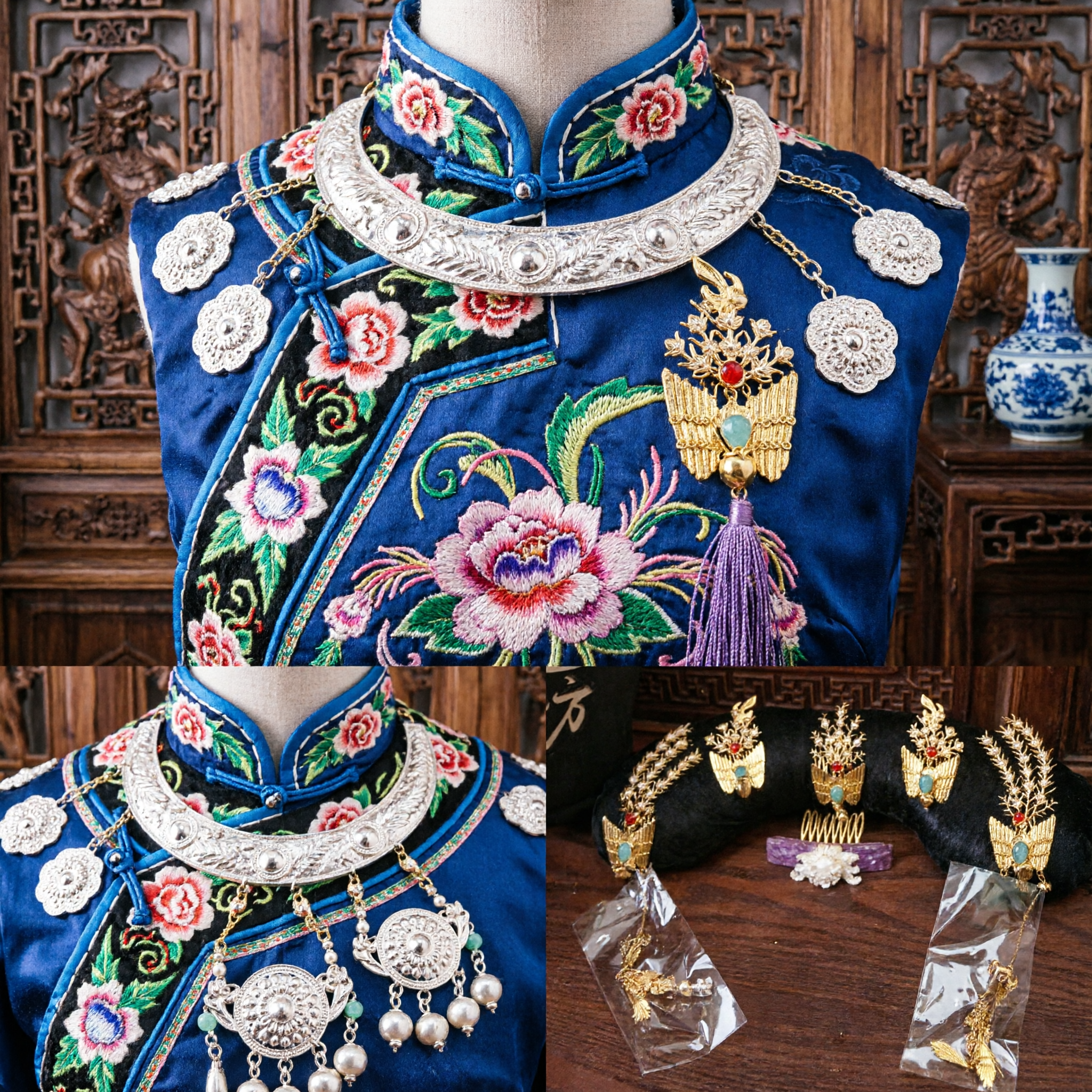 Set de accesorios para el cabello de fénix dorado antiguo chino Tocado tradicional Hanfu para traje de novia de mujer - Asian Costume