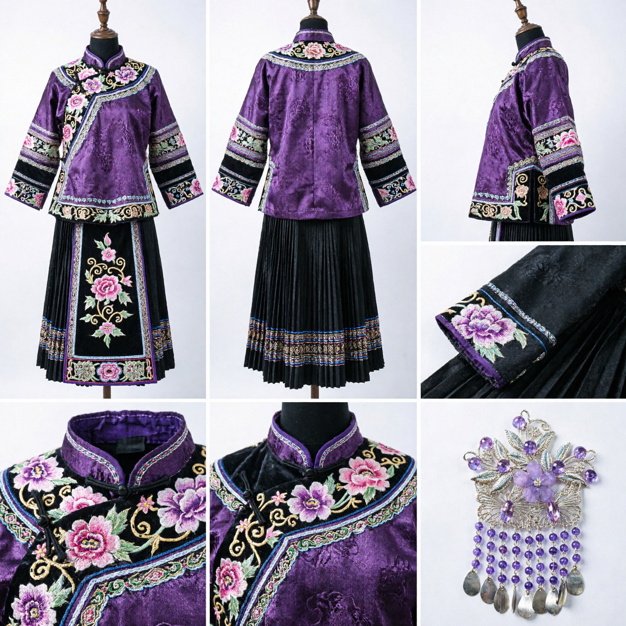 Set di Accessori per Capelli tradizionale cinese con Fiori Viola e Fermagli Pendenti con Cristalli per Costume Hanfu da Sposa - Asian Costume