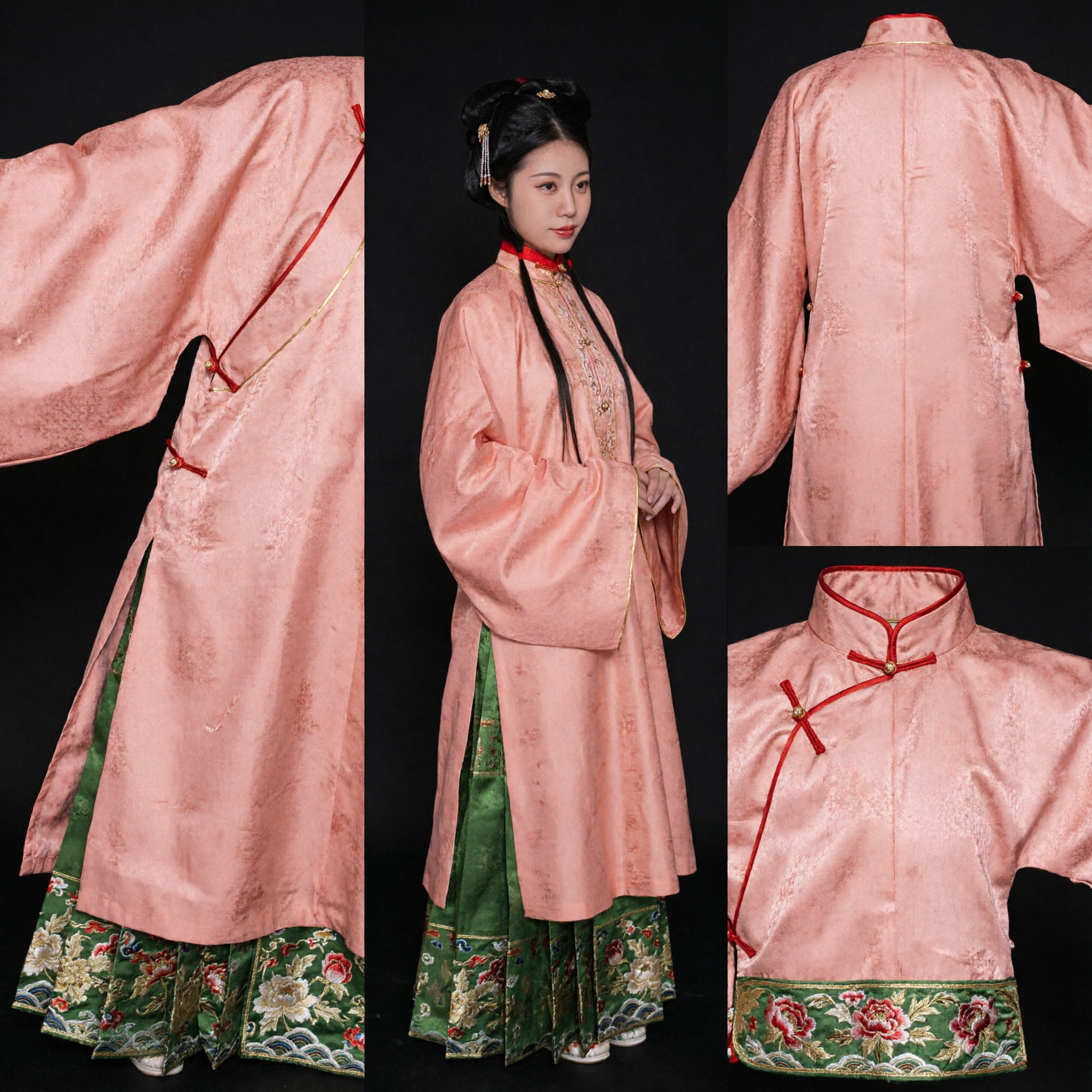 Traditioneel Chinees Ming-dynastie Hanfu-kostuum voor Vrouwen Perzikroze Lange Jas en Groene Plooirok Set - Asian Costume