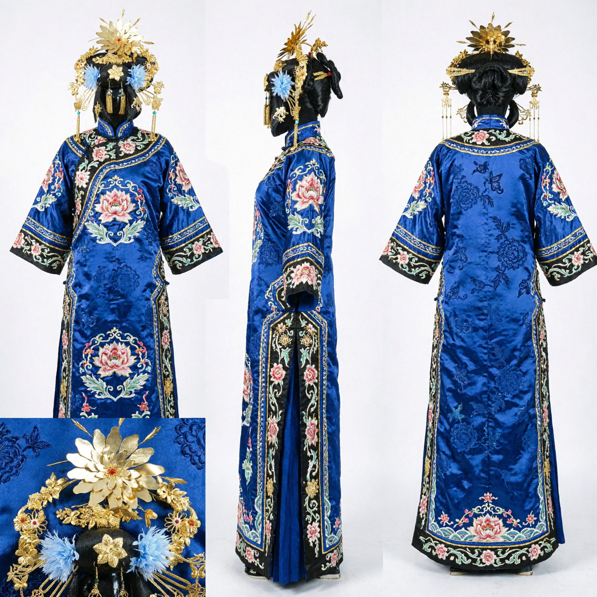 Traditionelle chinesische Hanfu Haarschmuck Goldene Blume Blaue Feder Kopfbedeckung für antike Prinzessin Königin Hochzeitskostüm - Asian Costume