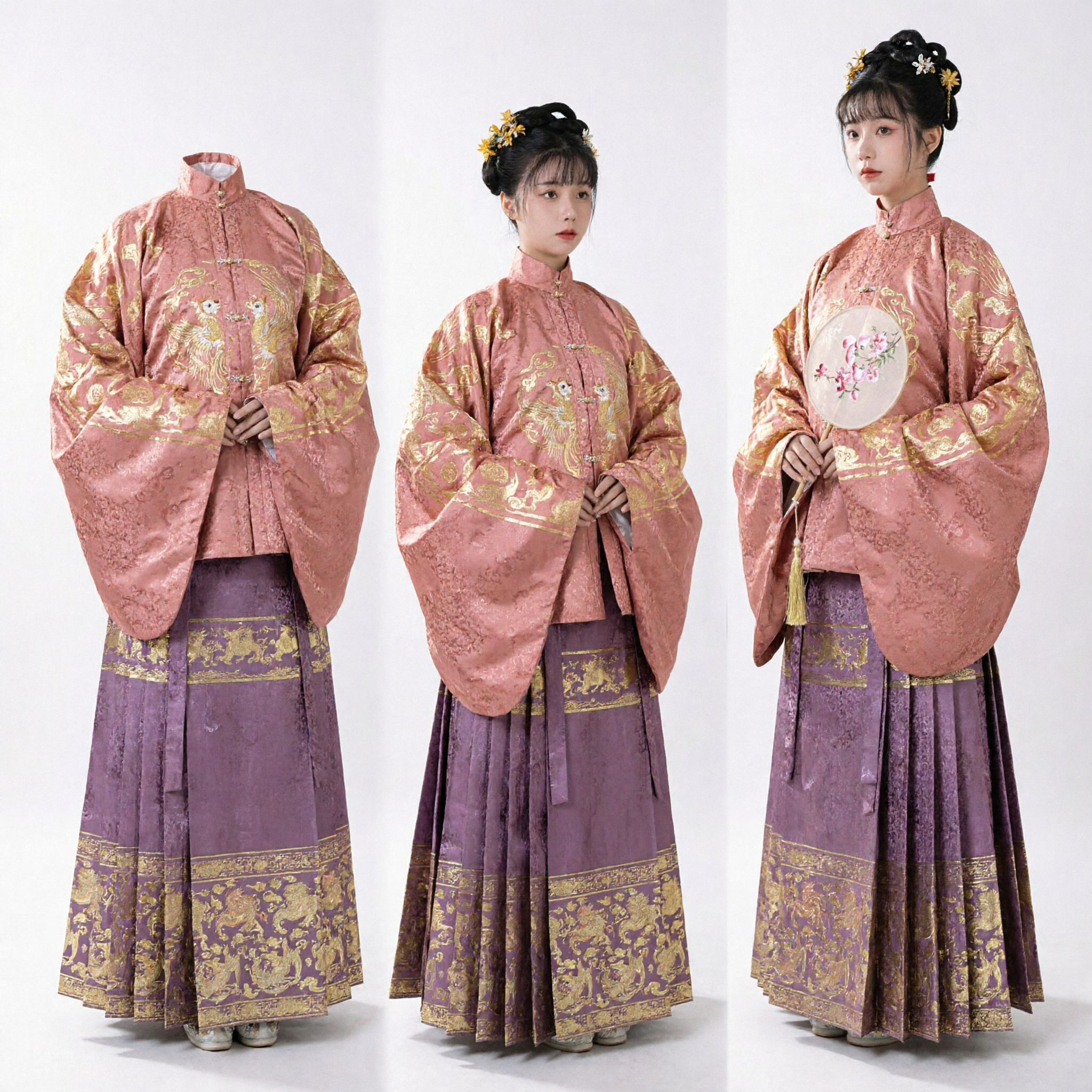 Ensemble Hanfu traditionnel chinois de la dynastie Ming Ao Qun, veste rose en brocart doré et jupe plissée violette pour femmes - Asian Costume