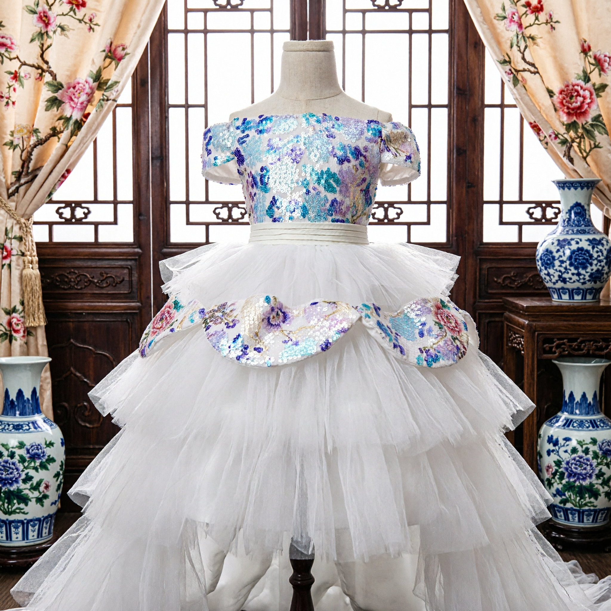 Vestido Branco de Tule para Meninas (Flower Girl) com Corpete Azul com Lantejoulas e Alça Caída, Vestido de Princesa para Casamento e Concurso - Asian Costume
