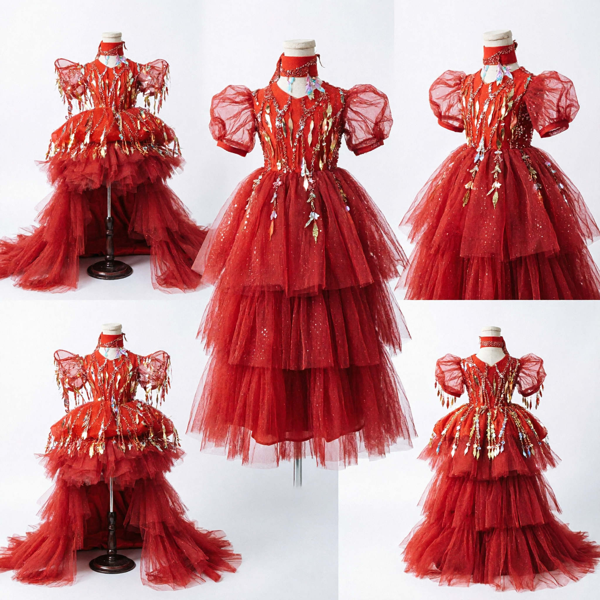 Traje Tradicional Vibrante Vermelho para Dança de Meninas com Lantejoulas e Tule para Performance no Palco - Asian Costume