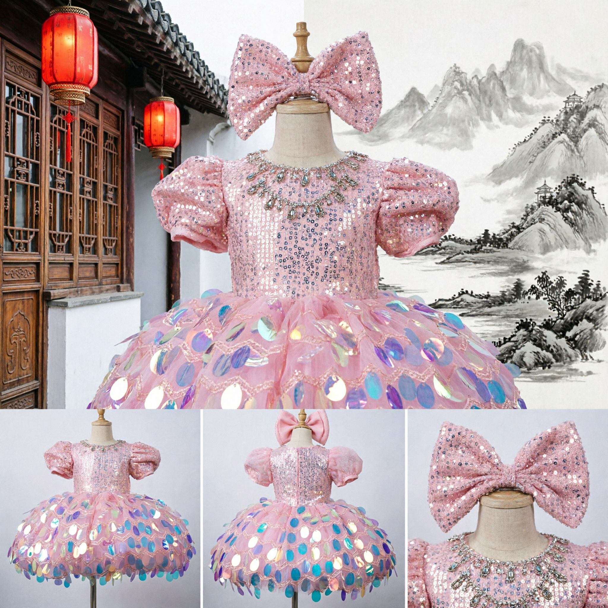 Girls Pink Sequin Puff Sleeve Tutu Dress with Large Bow Headband for Stage Performance - Asian Costume