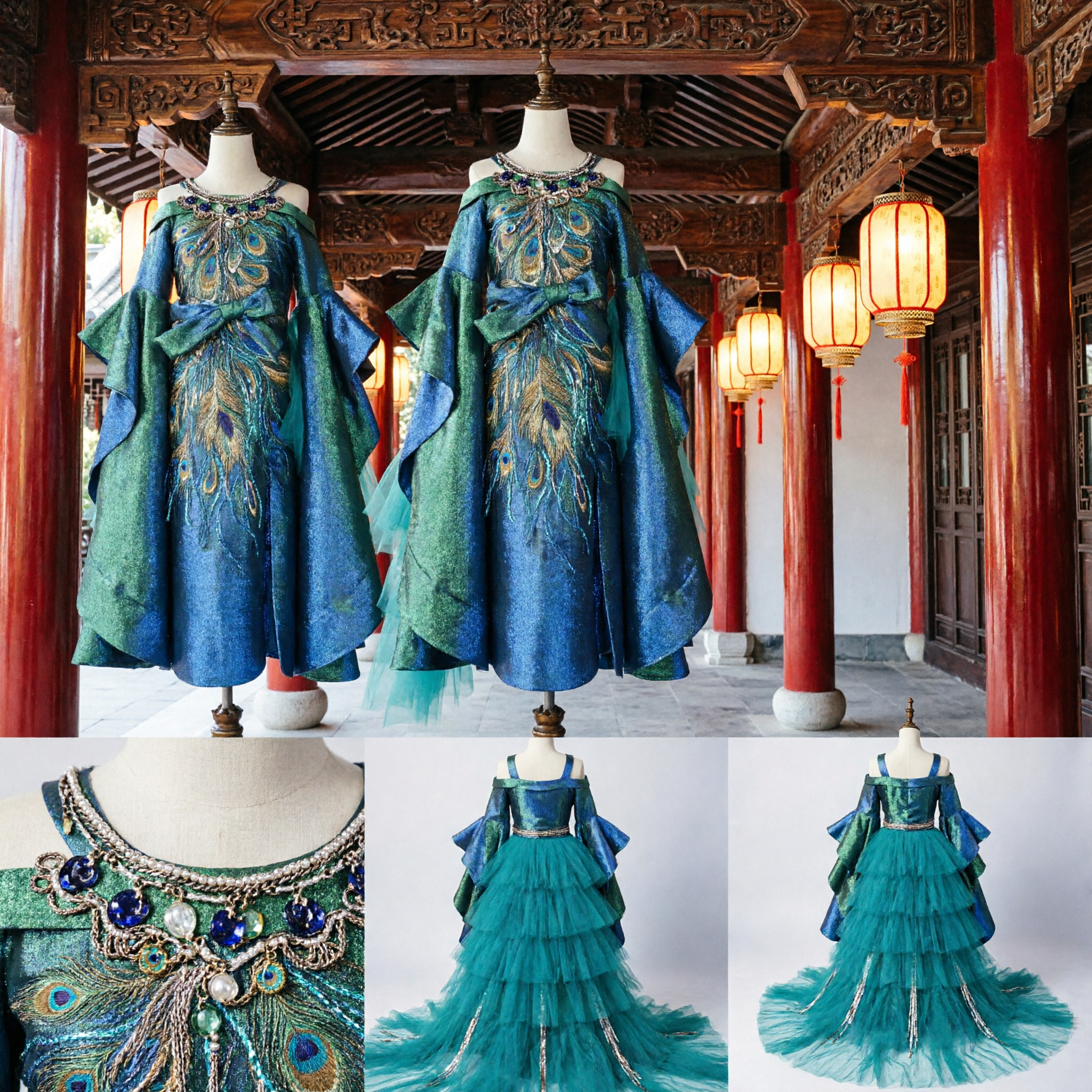 Traje de Dança do Pavão Tradicional Chinês para Mulheres, Vestido para Performance no Palco Azul e Verde com Penas e Adorno para Cabeça - Asian Costume